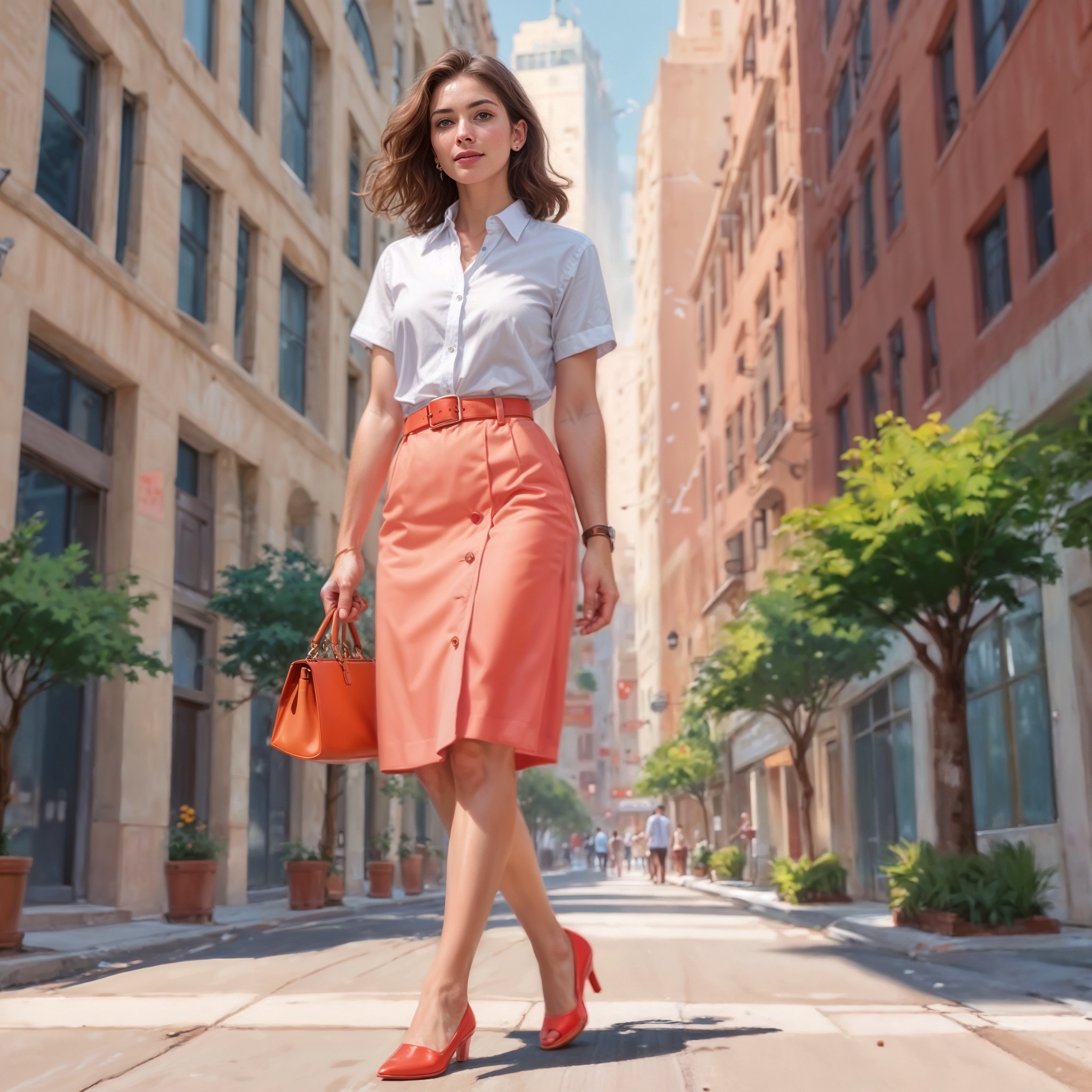 white short-sleeve button-down shirt with a knee-length A-line skirt in coral