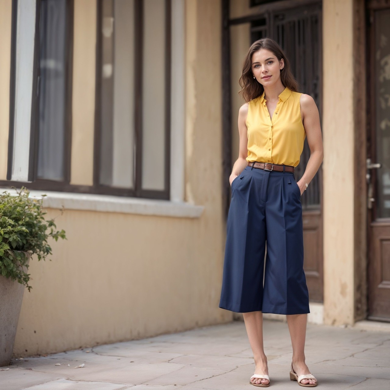 yellow sleeveless blouse tucked into navy blue culottes