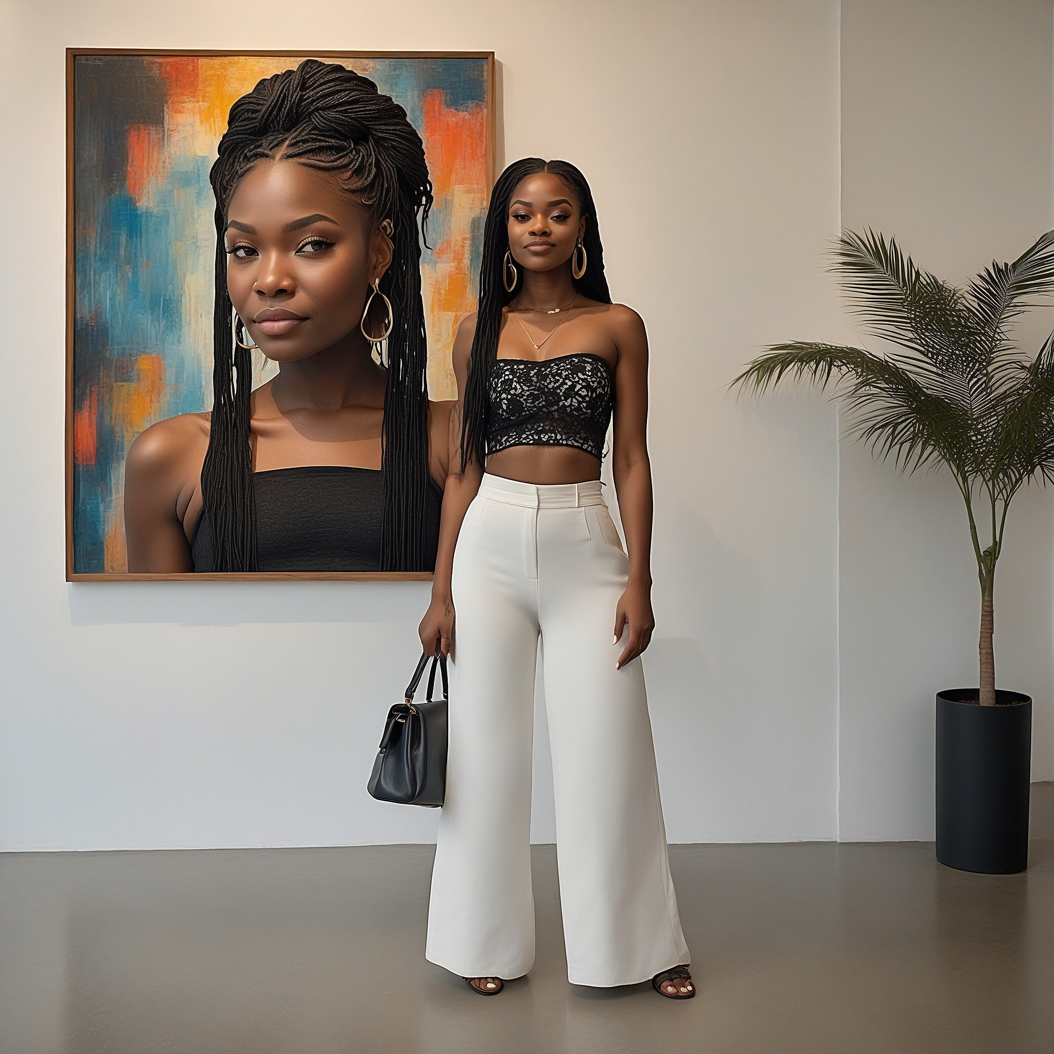 Black Lace Top With High Waister White Wide-legged Pants