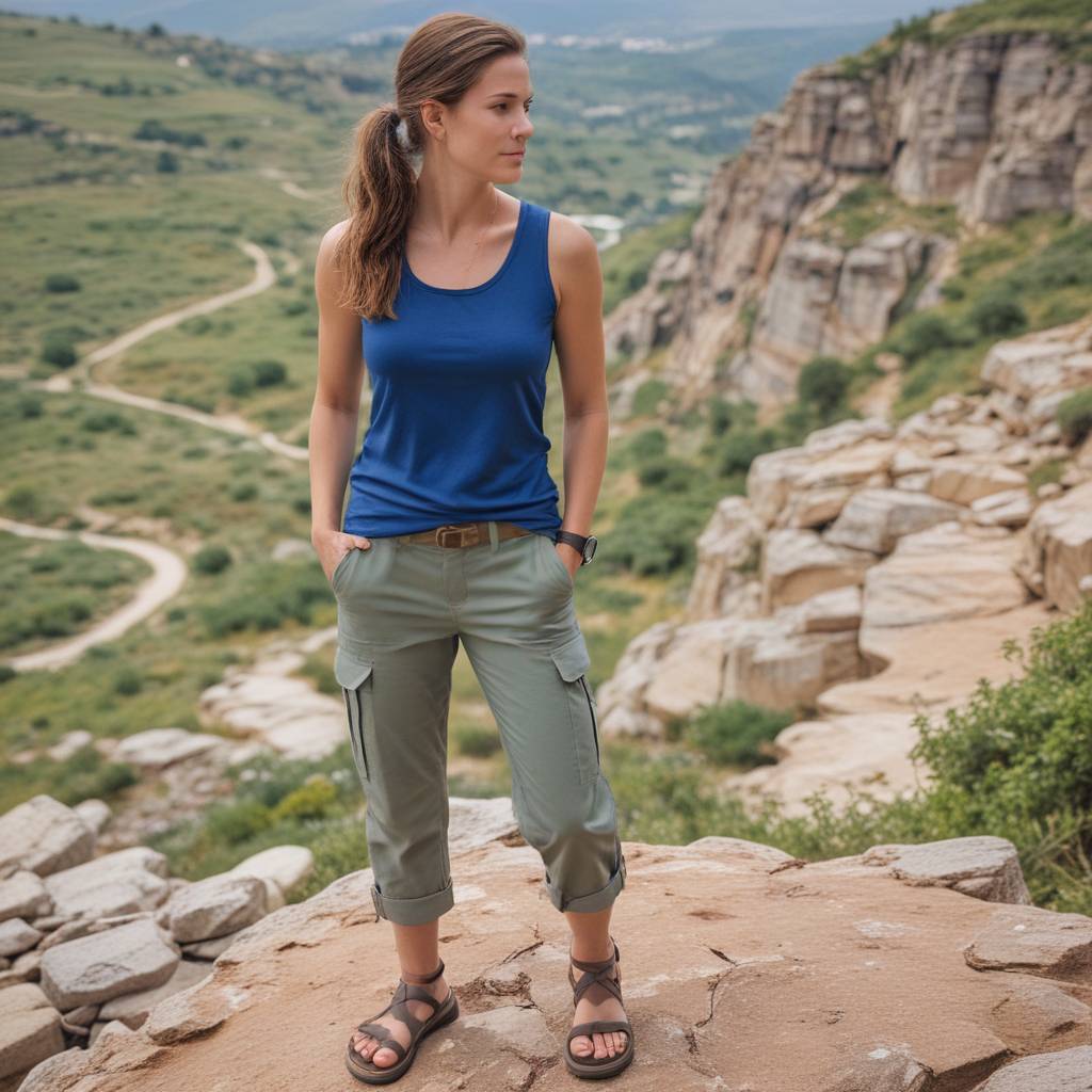 Blue Top, Gray Cargo Pants, and Black Hiking Sandals