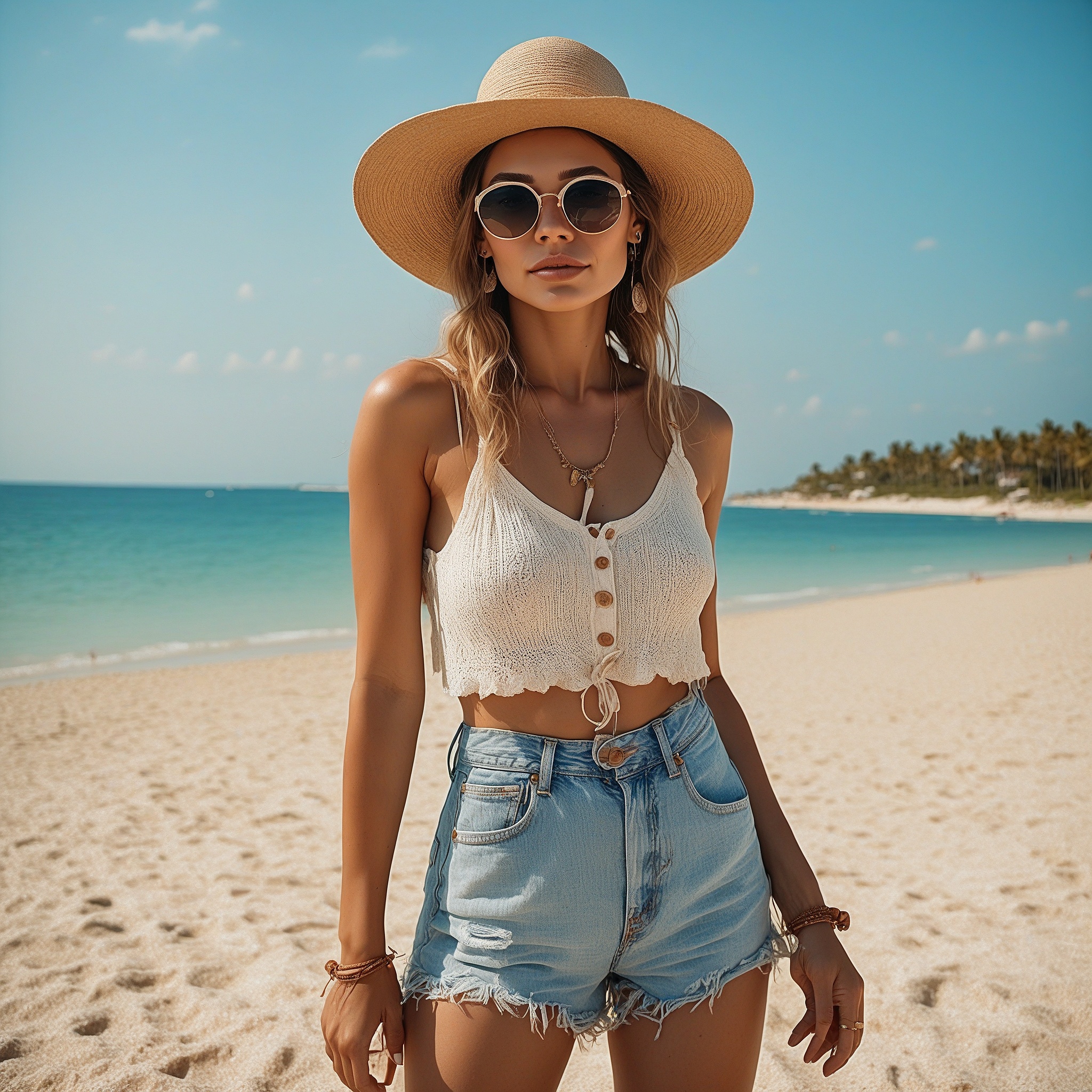 Button Crop Top And Denim Shorts