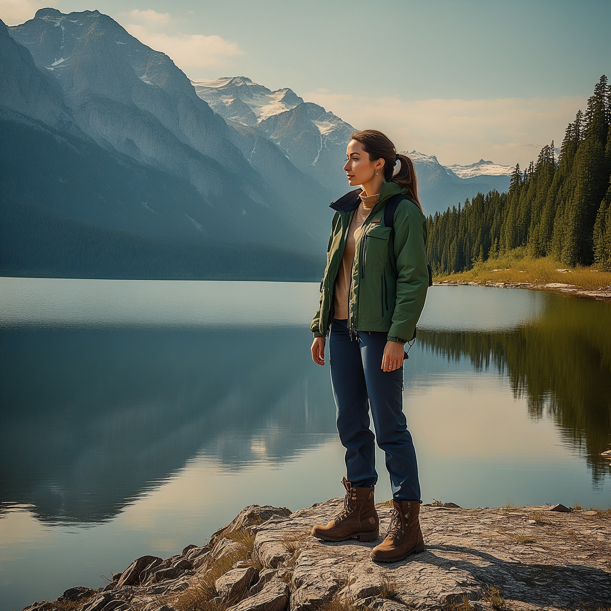 Green Zip-up Jacket And Navy Hiking Pants