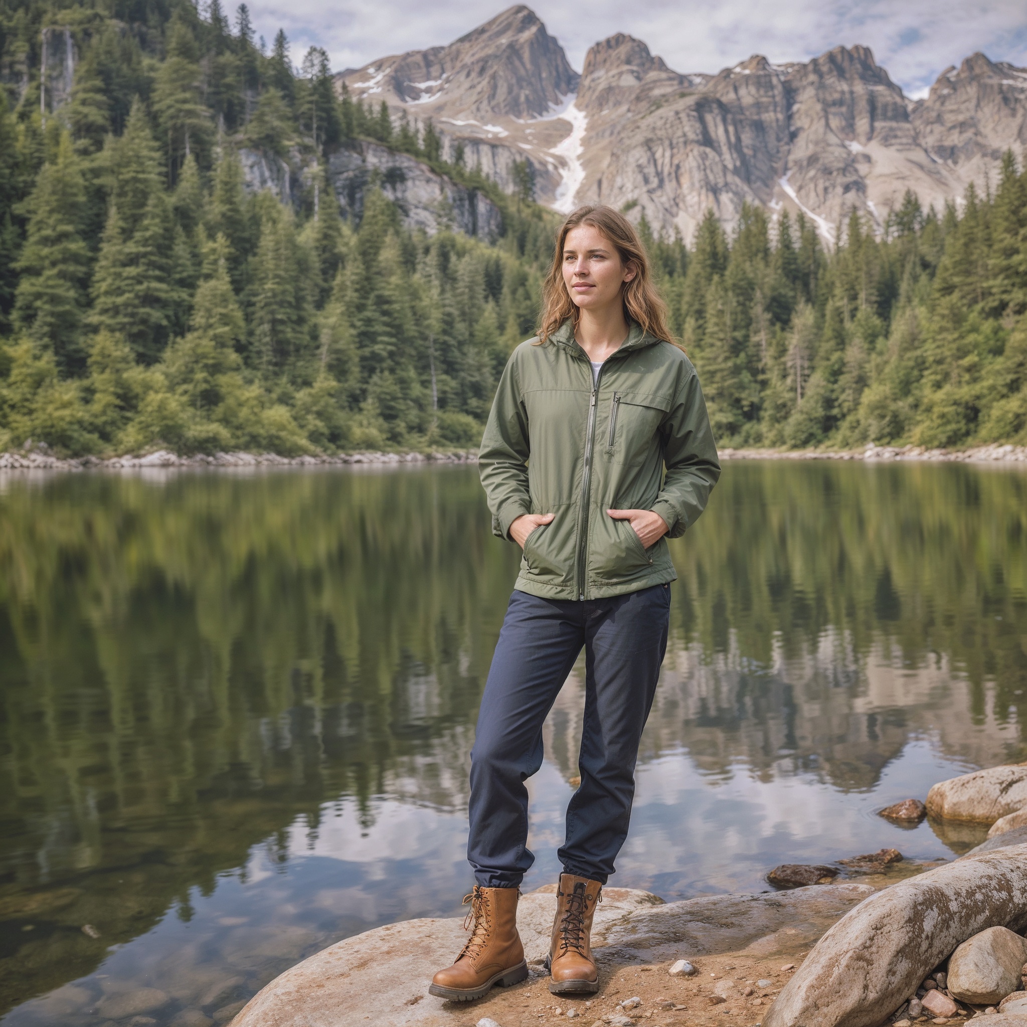 Green Zip-up Jacket, Navy Hiking Pants, And Hiking Boots1