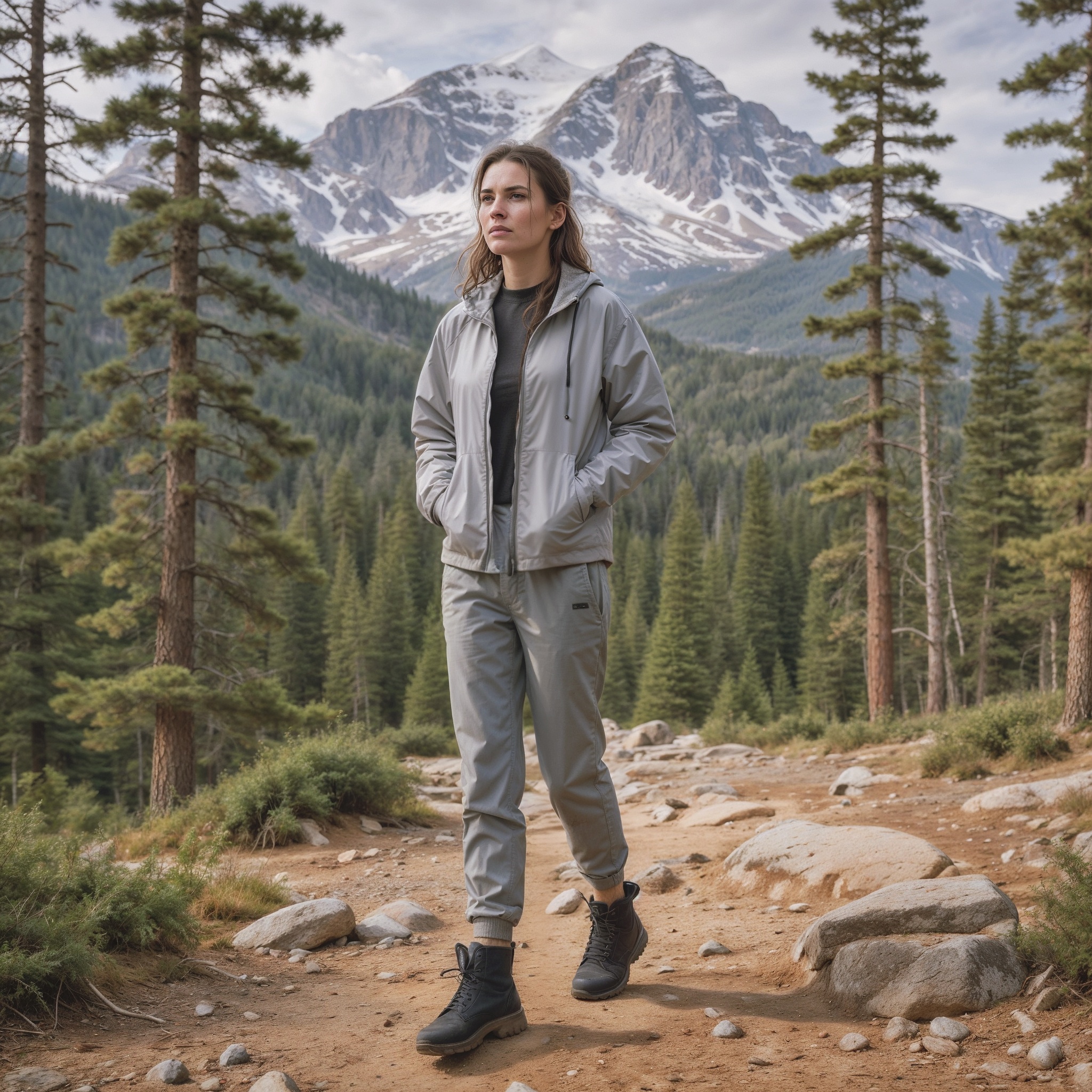 Lightweight Grey Jacket, Black Loose Sweatpants, Paired with Sturdy Trail Boots1