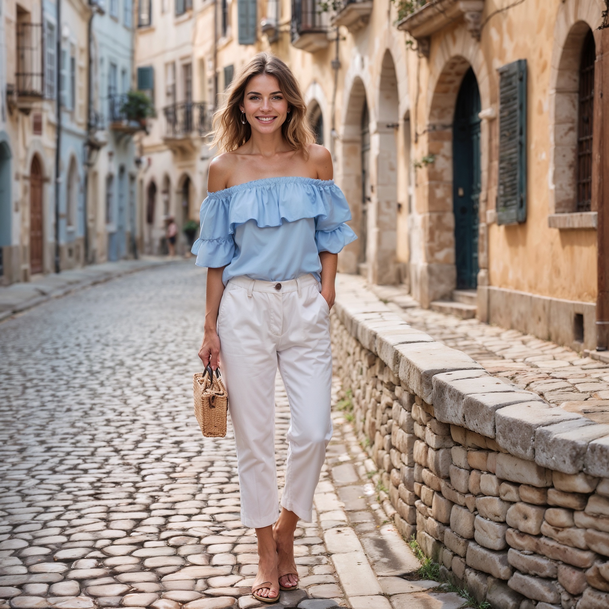 Off-Shoulder Ruffled Top And White Capri Pants