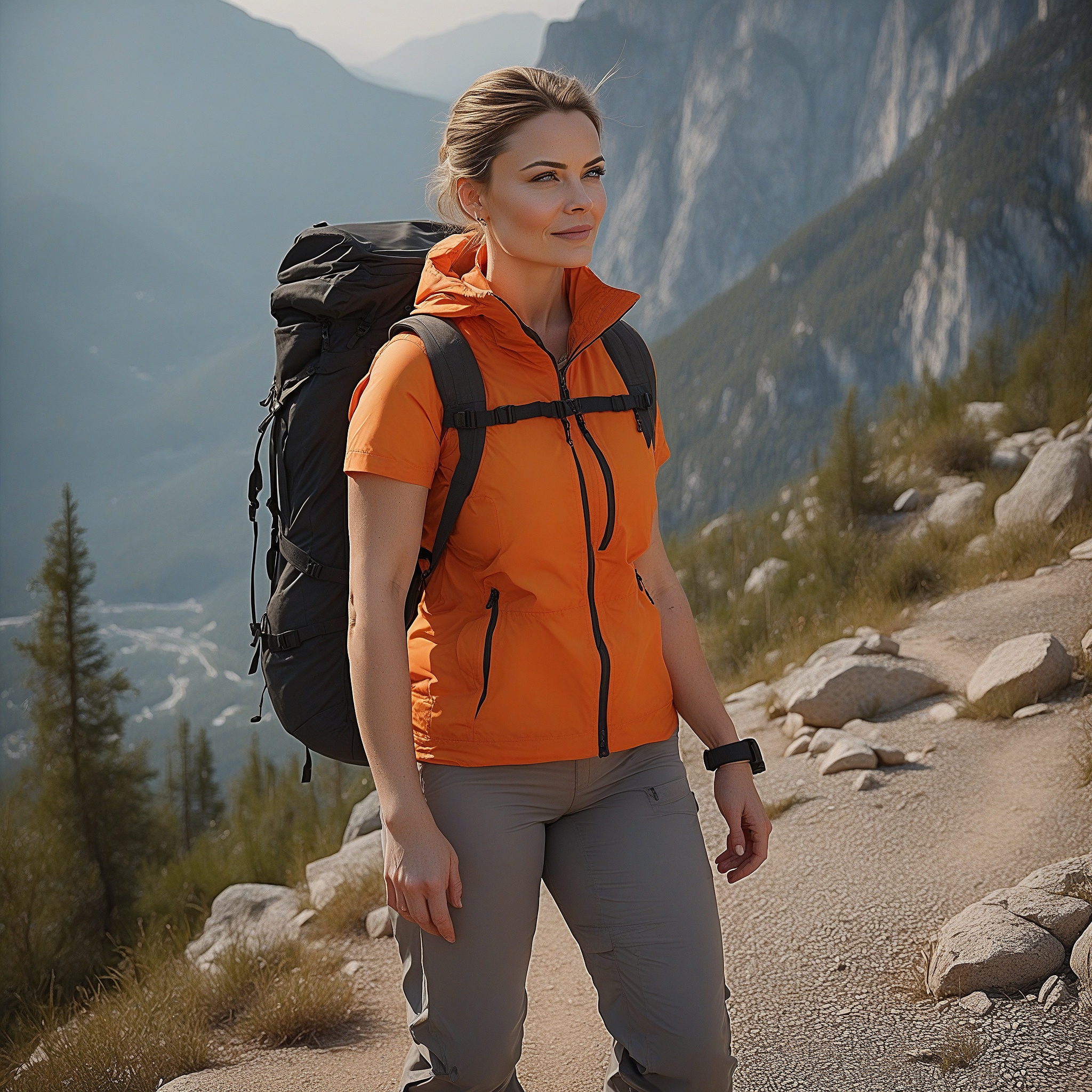 Orange Outdoor Vest, Gray Hiking Pants