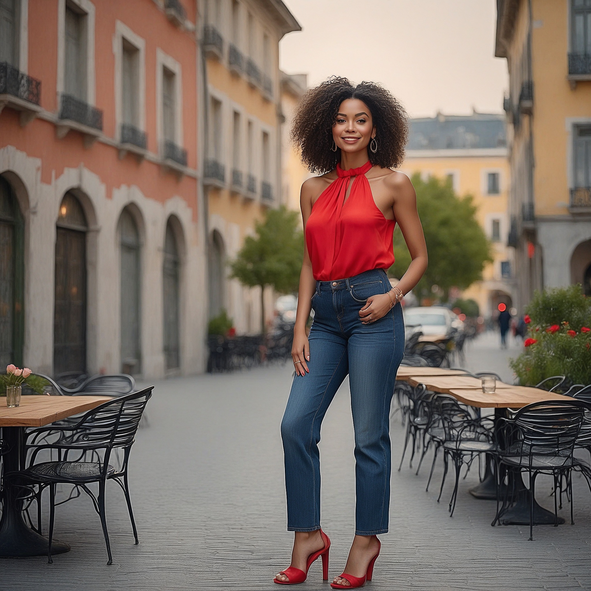 Red Sleevless Keyhole Top And Jeans