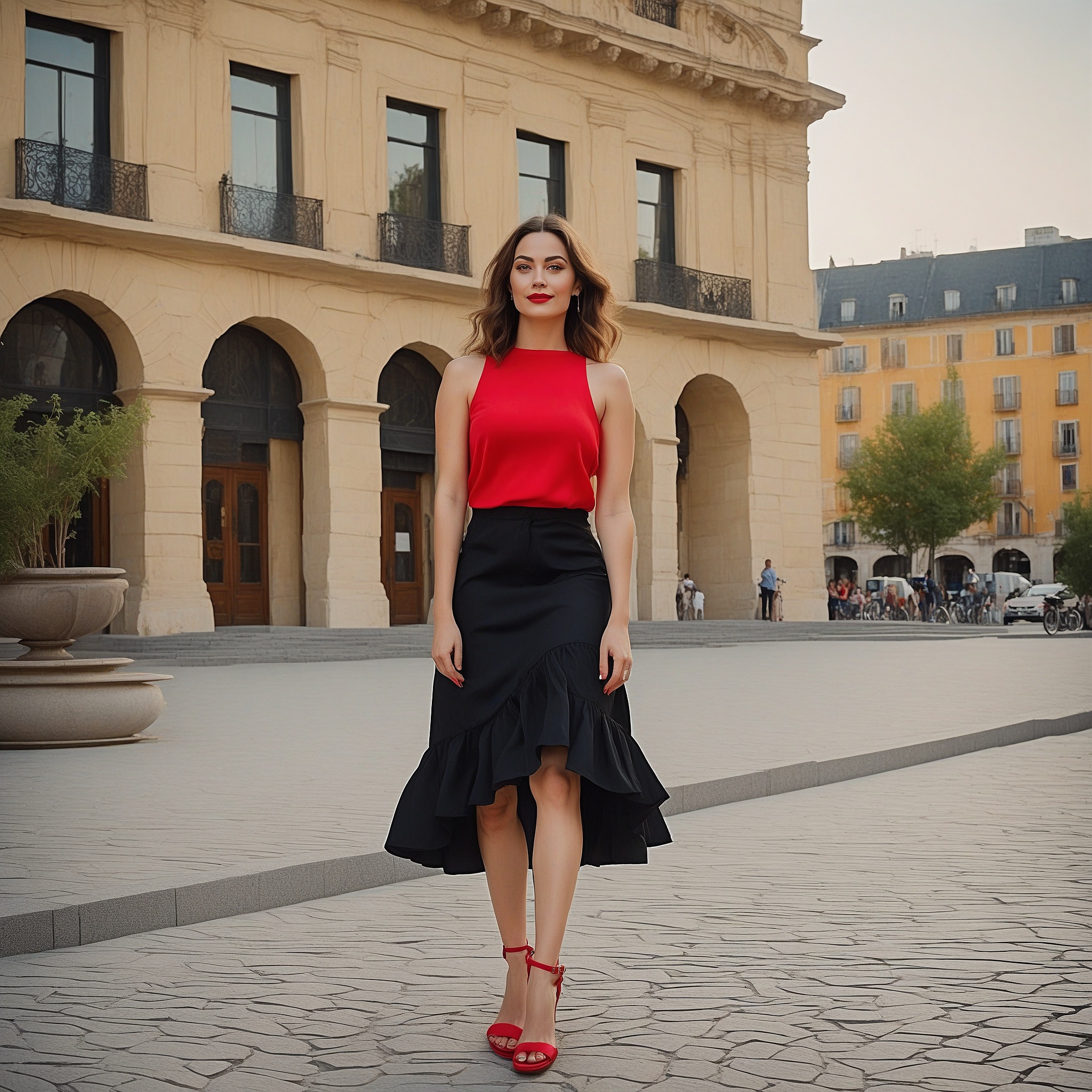 Red SleevlessTop With Black High Waisted Skirt