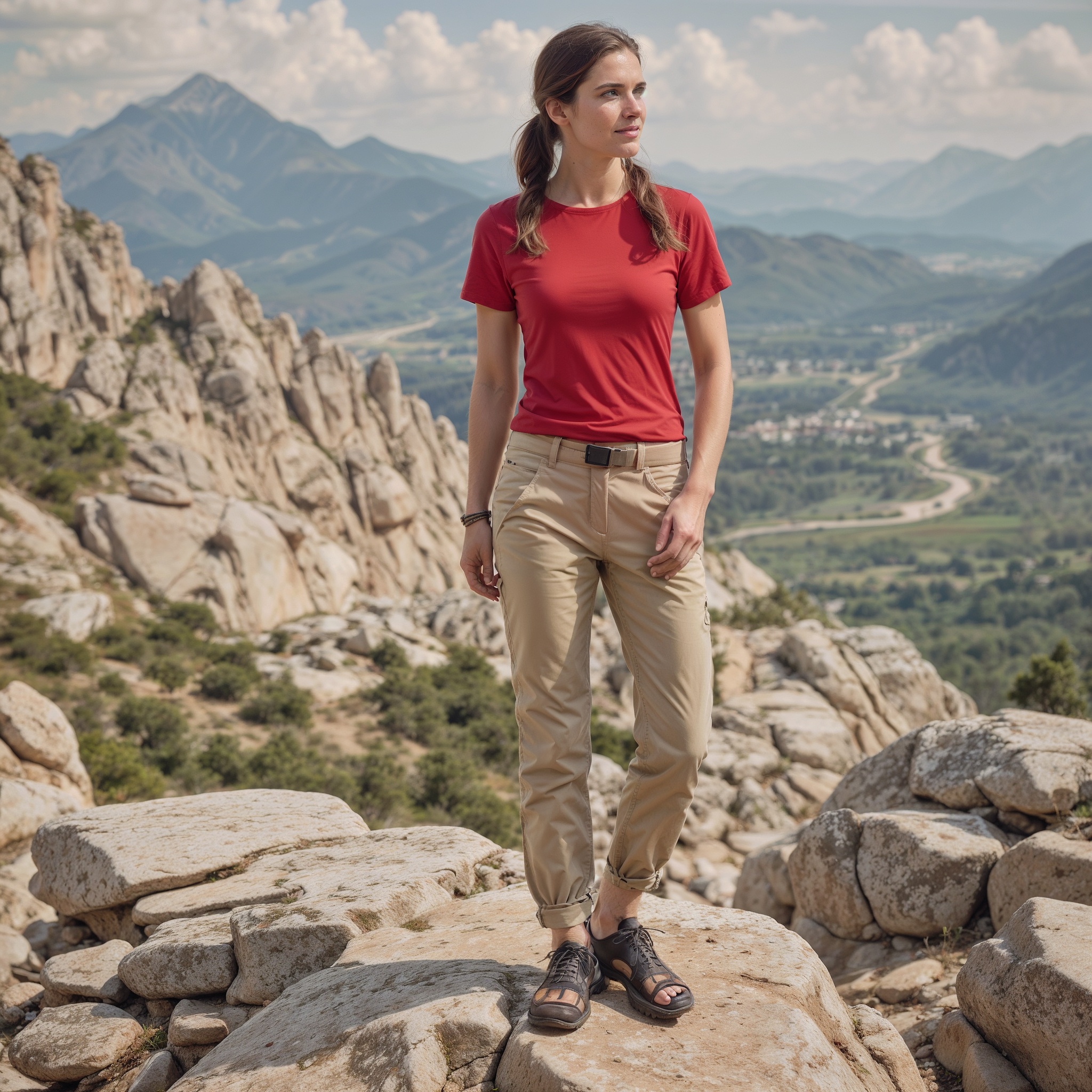 Red quick-dry Polyester Top and Long Beige Hiking Pants1