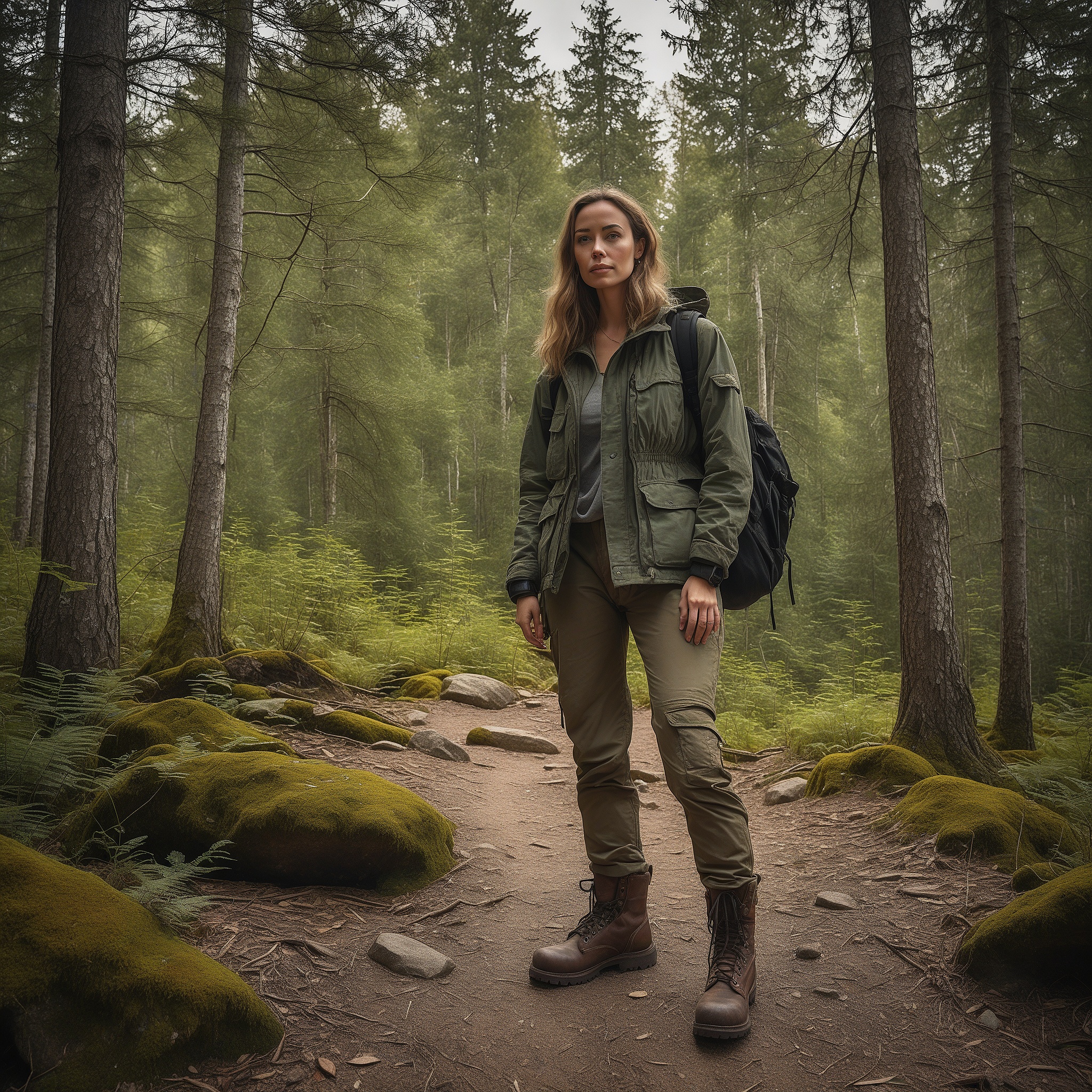 Rugged Green Cargo Jacket And Dark Grey Hiking Pants, and Brown Hiking Boots