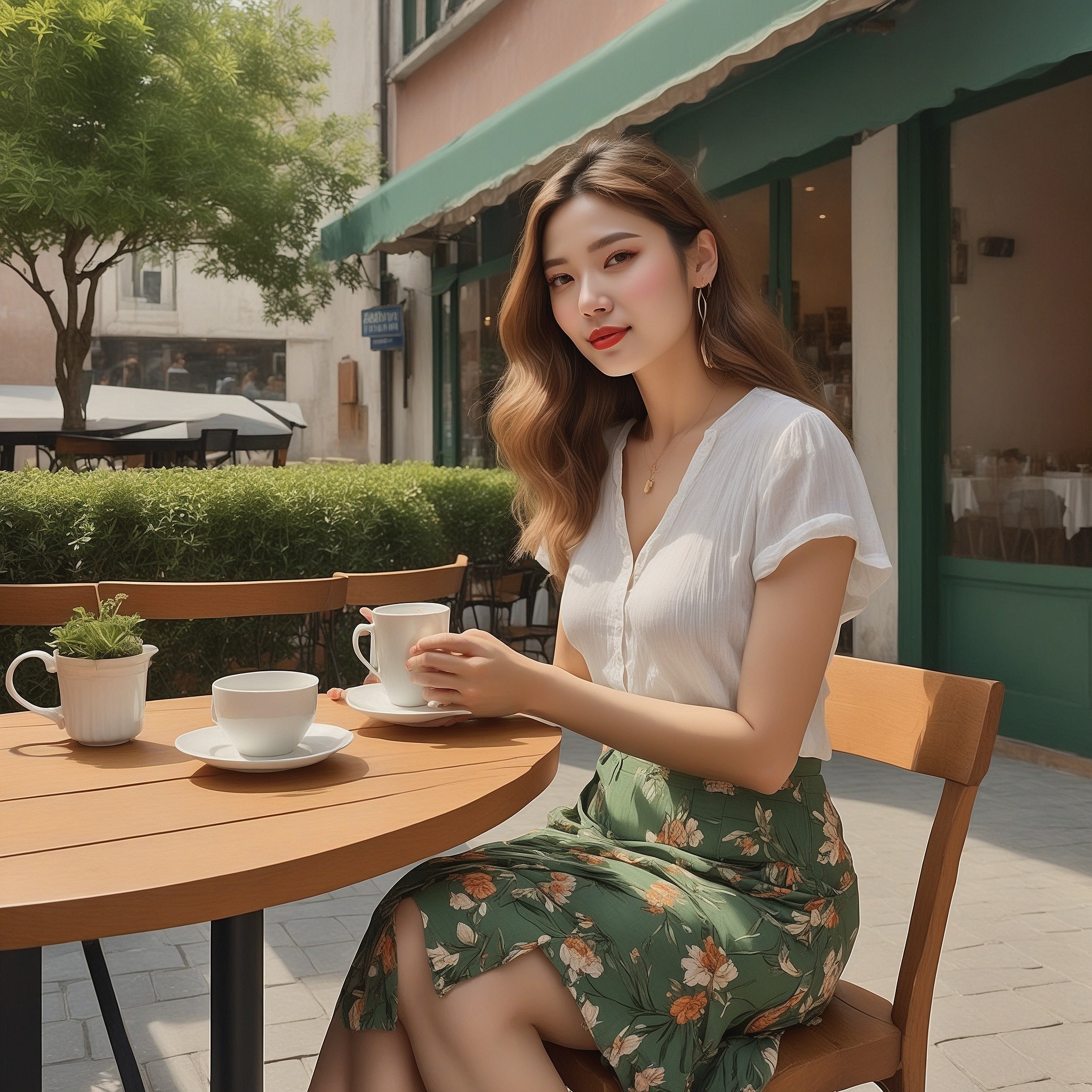 Short Sleeve Blouse And Green Floral Midi Skirt