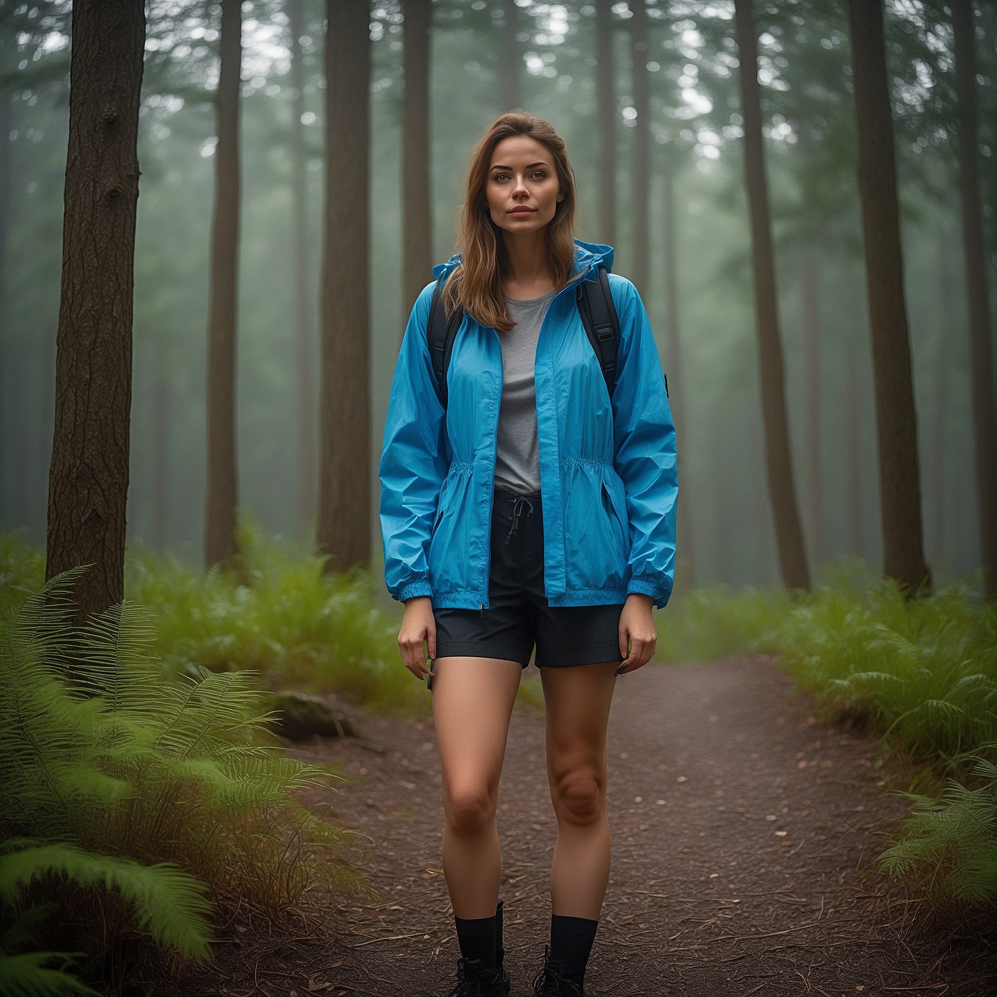 Waterproof Blue Jacket, White Top, Black Hiking Shorts And Hiking Shoes