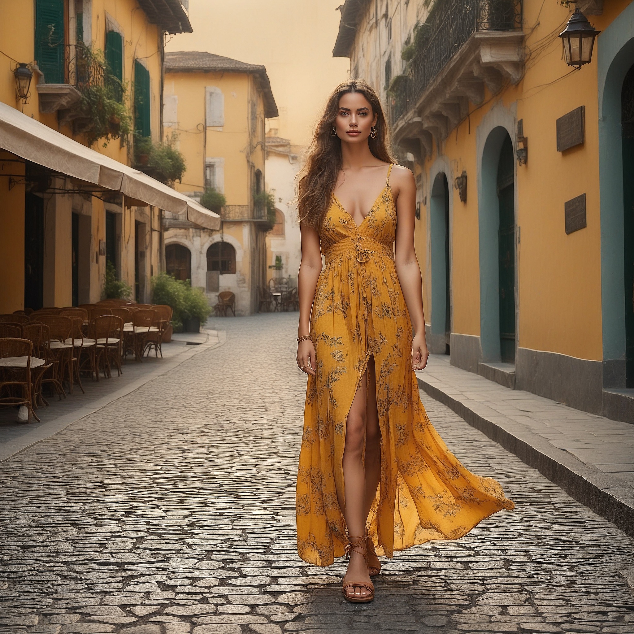 Yellow Maxi Dress With Floral Pattern