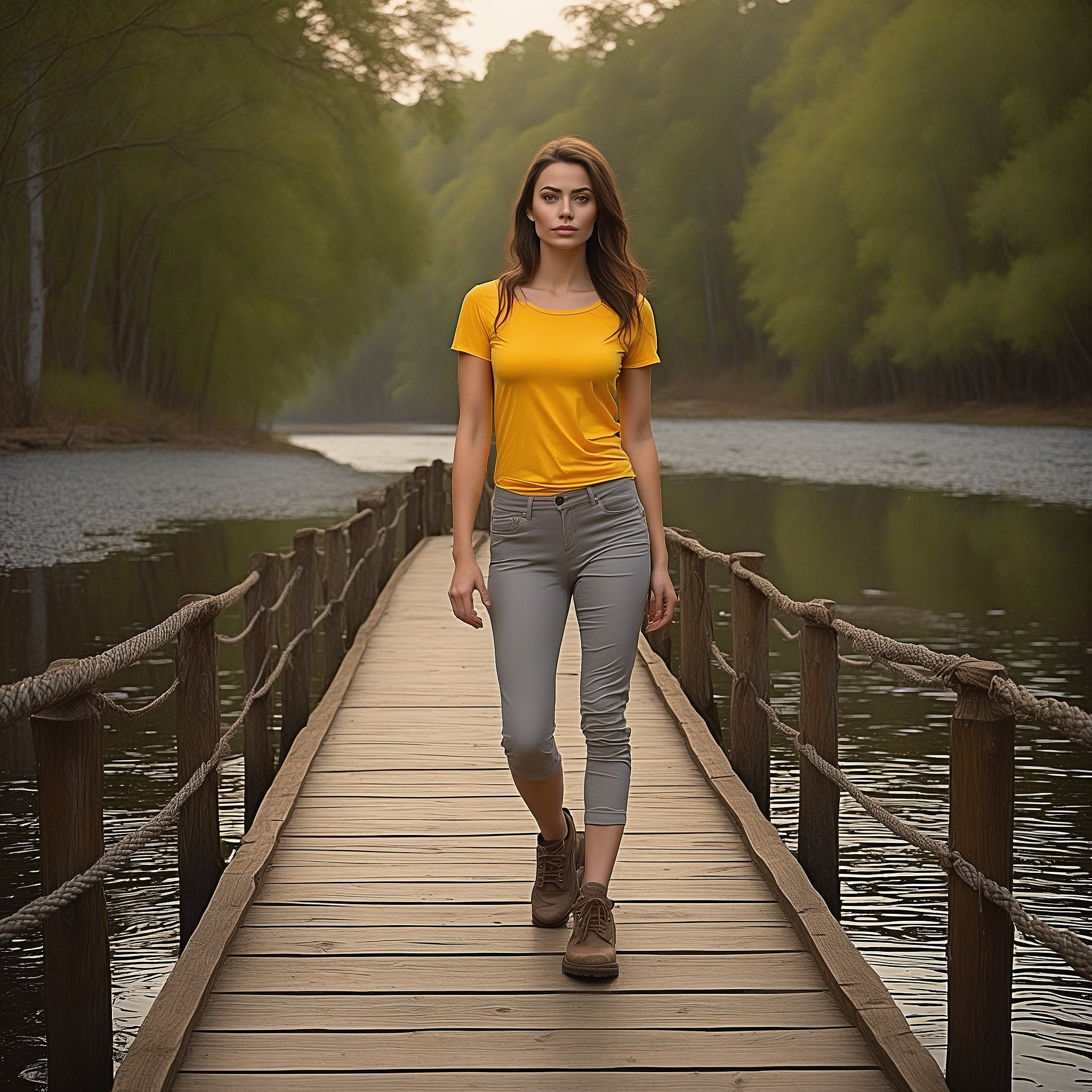 Yellow Top And Gray Capry Pants and Trail Shoes