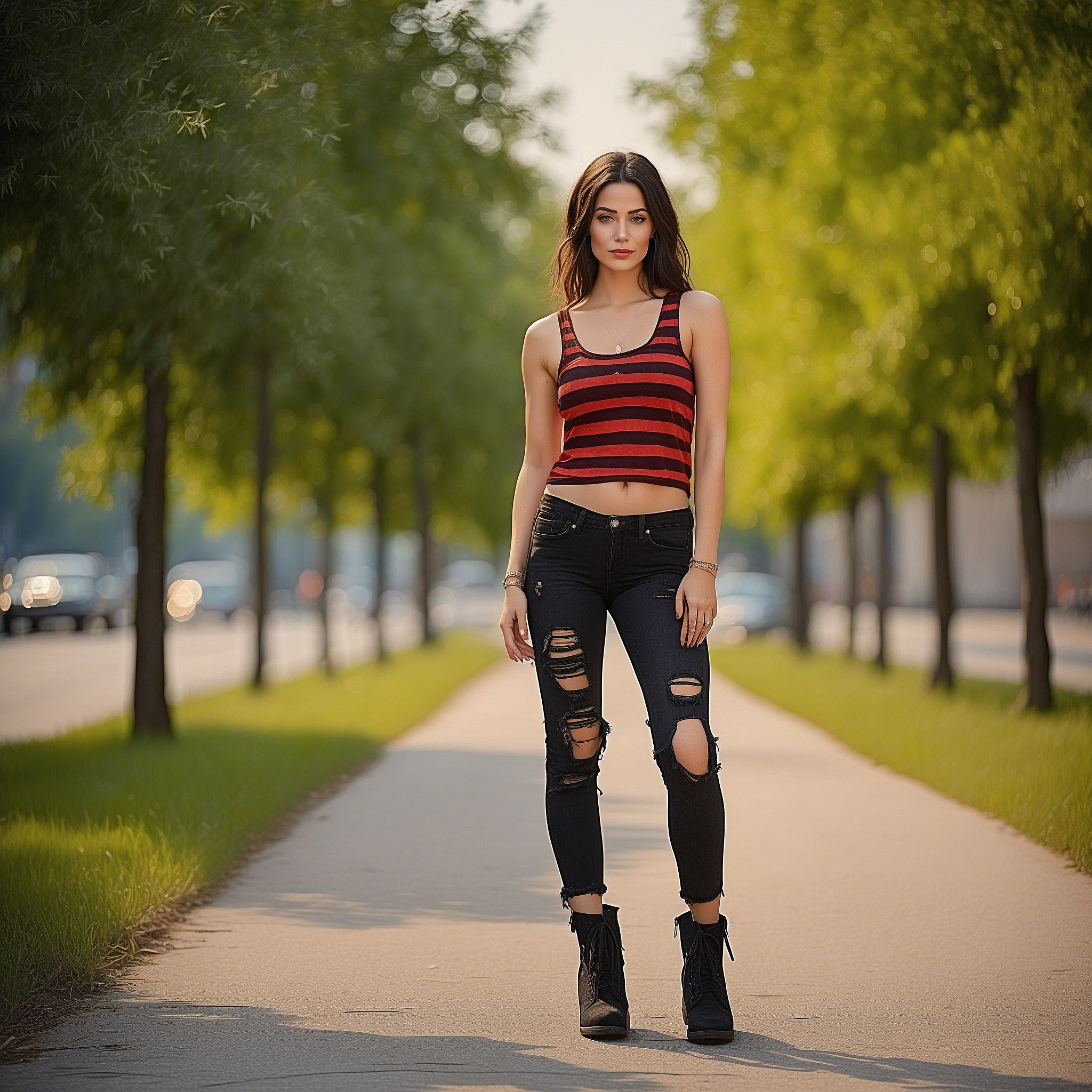 Black And Red Striped Tank Top And Black Ripped Skinny Jeans