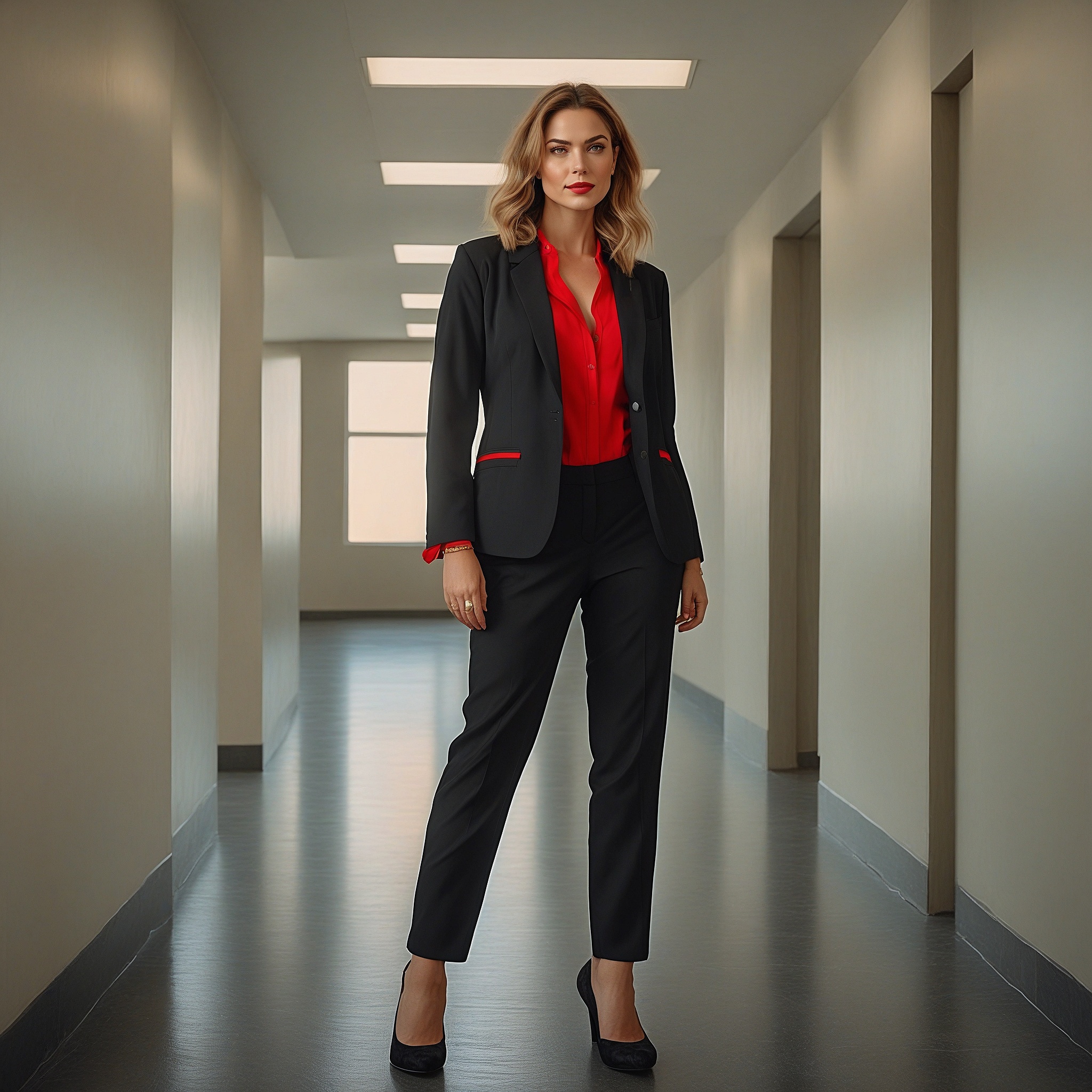 Black Blazer With Red Trim, Red Botton-up Blouse And Black Straight-leg Pants