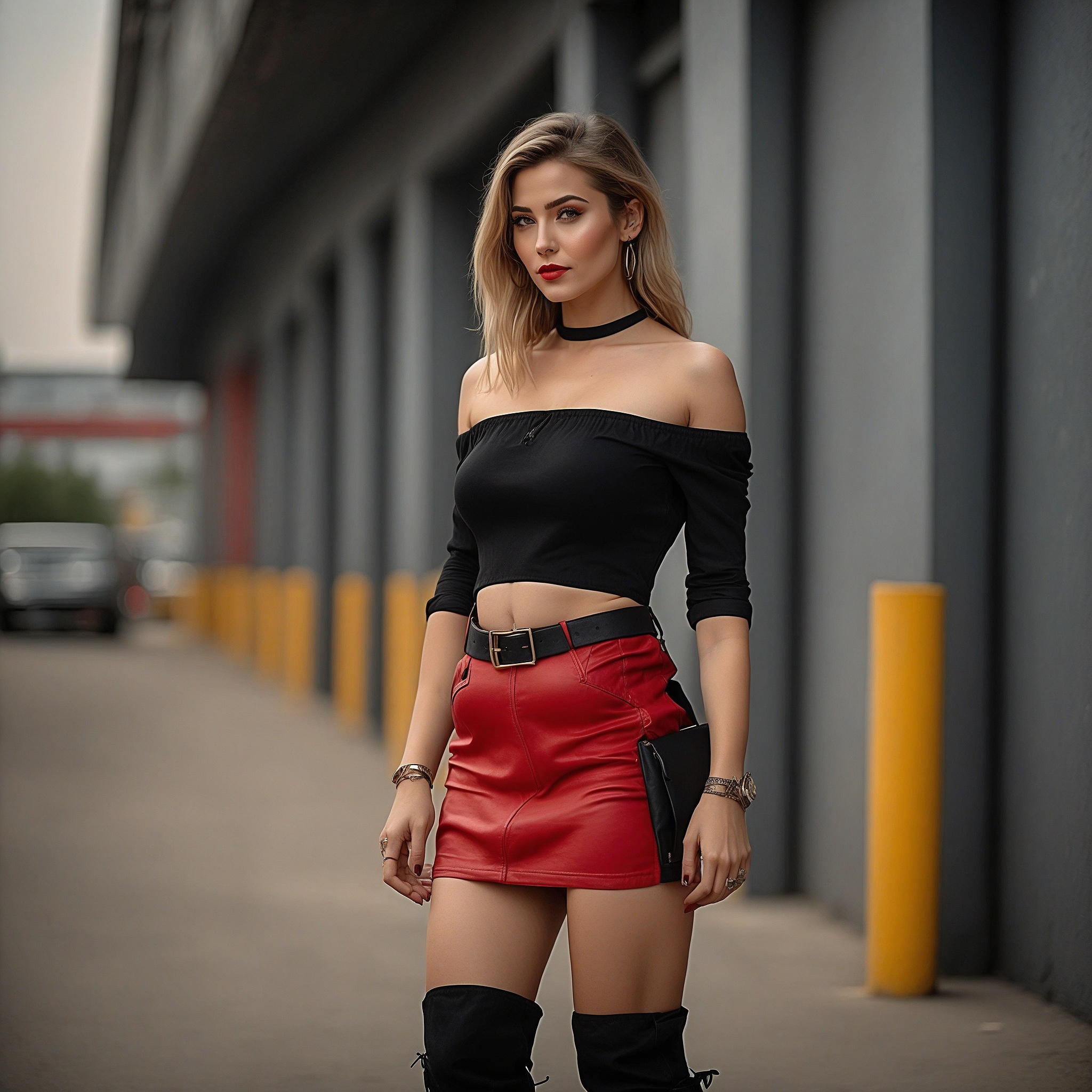 Black Off-Shoulder Blouse And Red Leather Mini Skirt