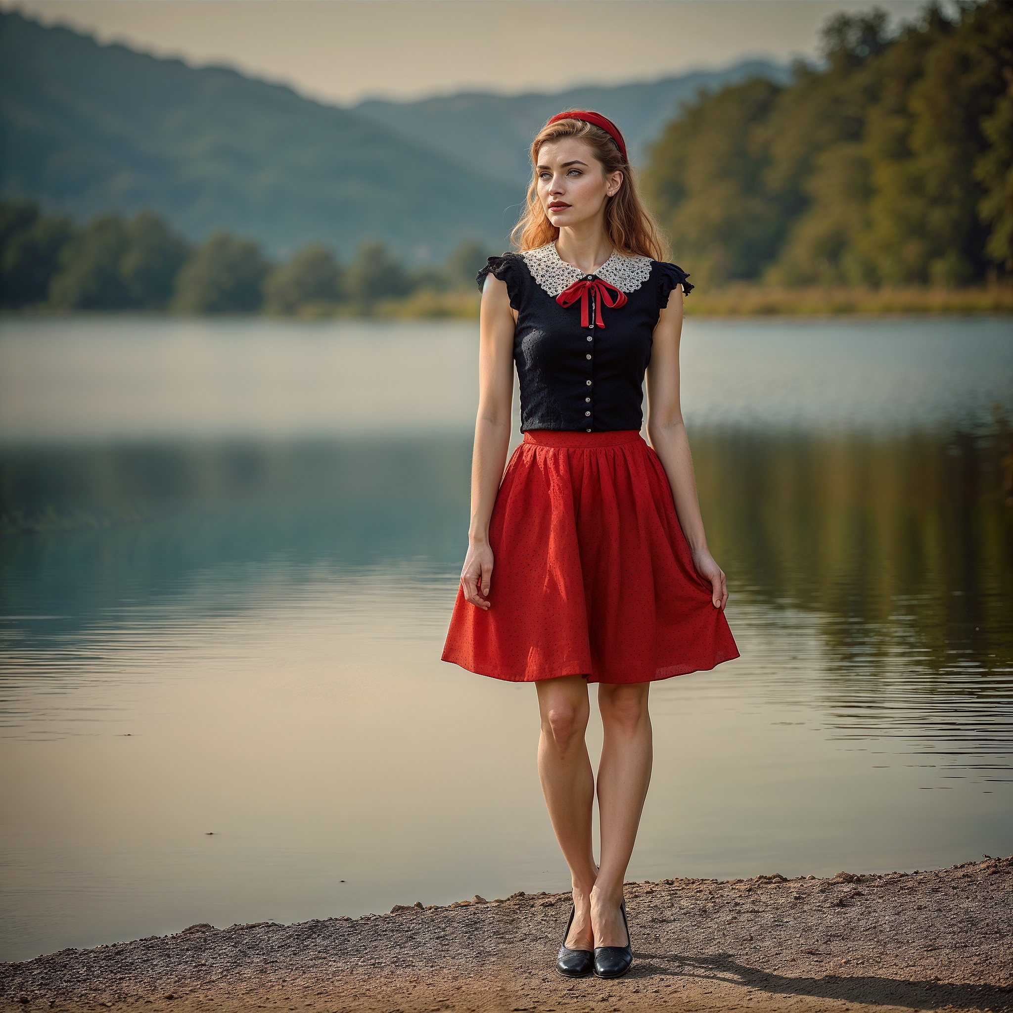 Black Peter Pan Colar Top With Red A-line Skirt