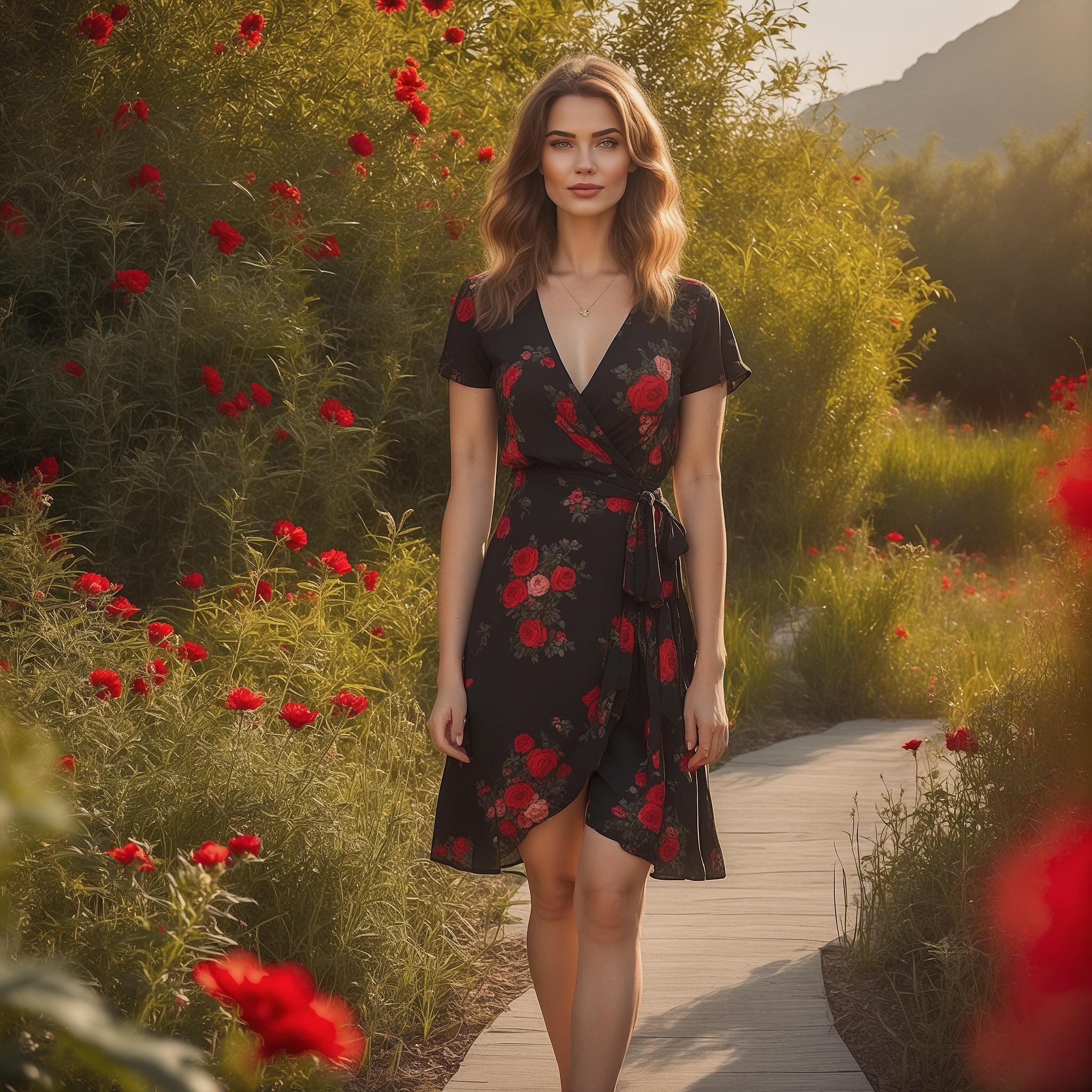 Black Short-Sleeve Wrap Dress With Red Floral Print