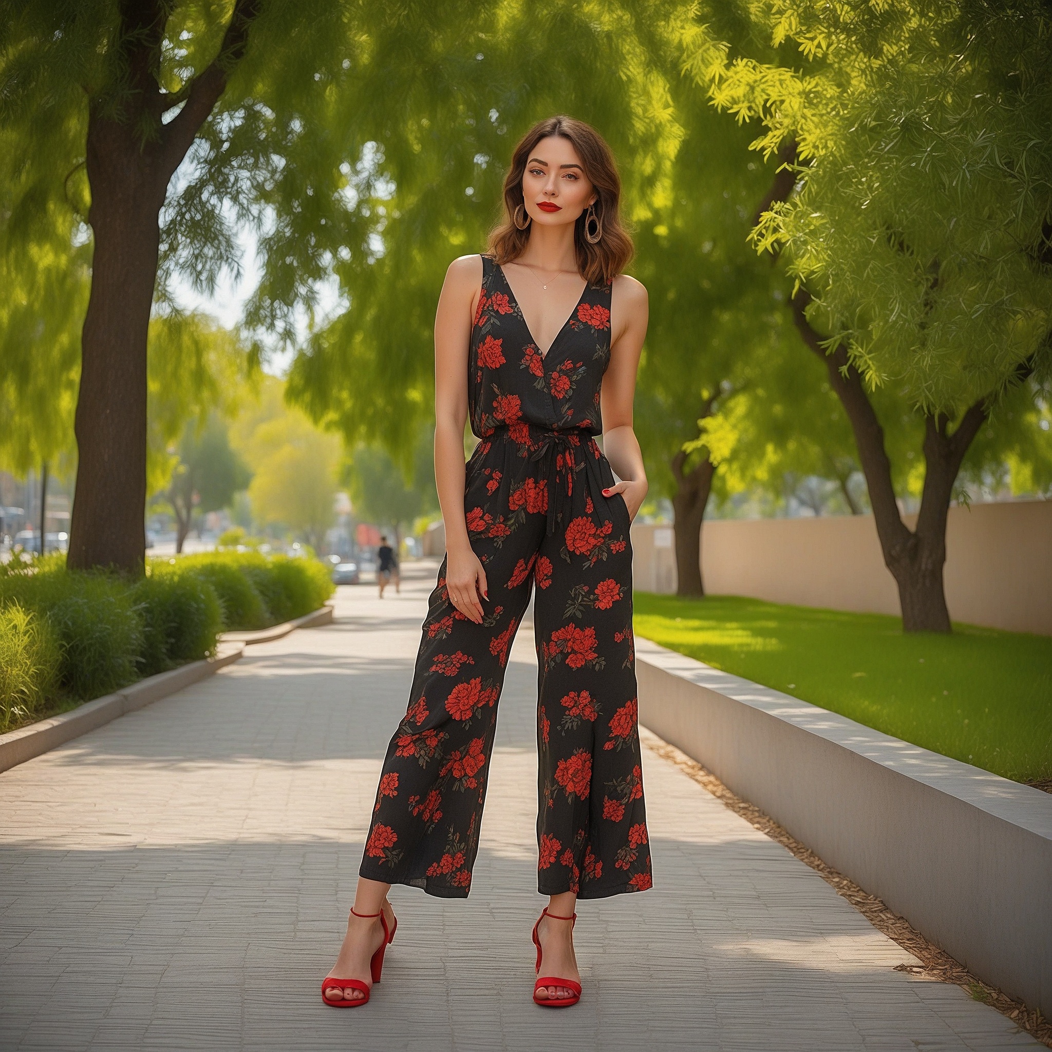 Black Sleeveless Jumpsuit With Red Floral Print