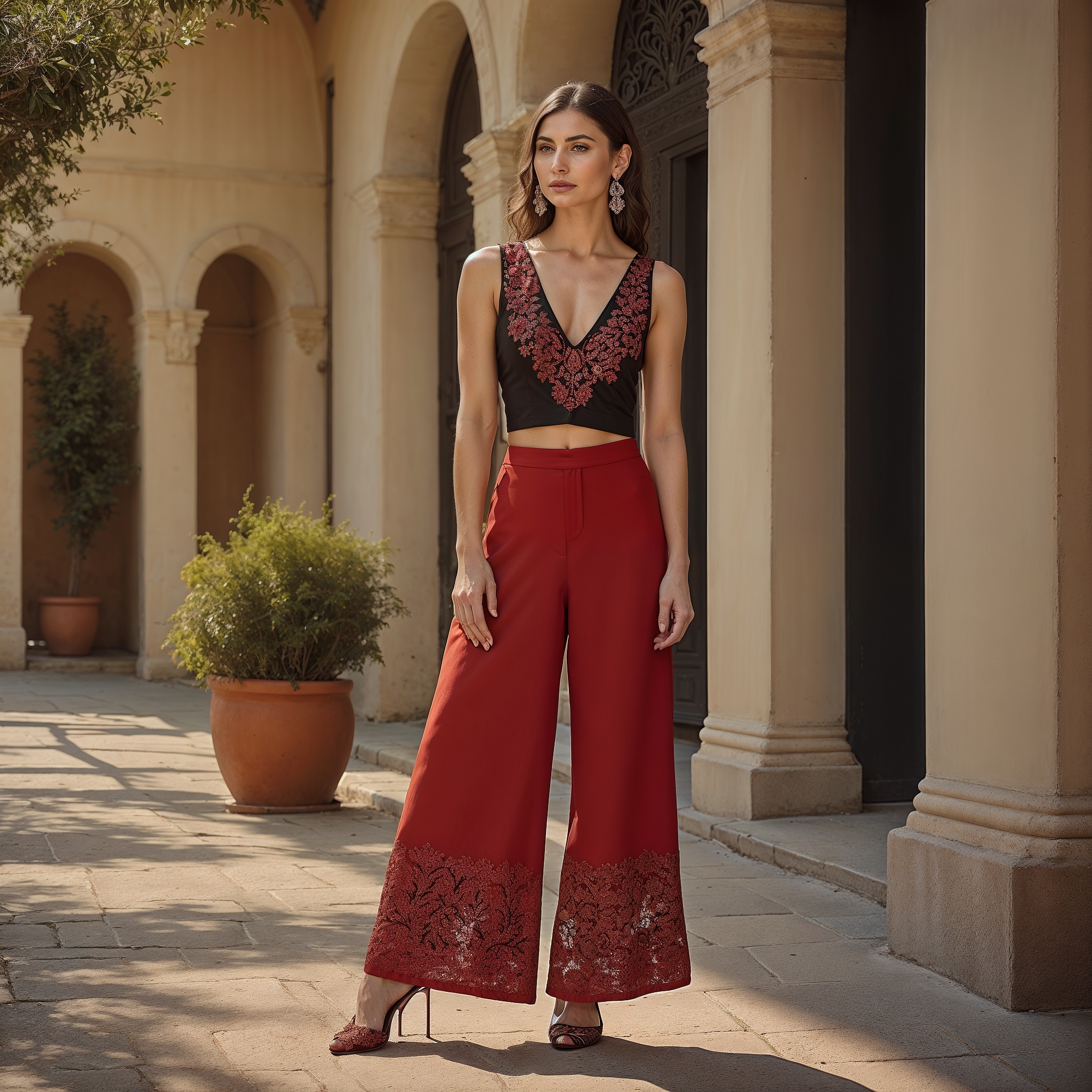 Black Sleeveless Top With red Embroidery And Red Wide-Leg Trousers