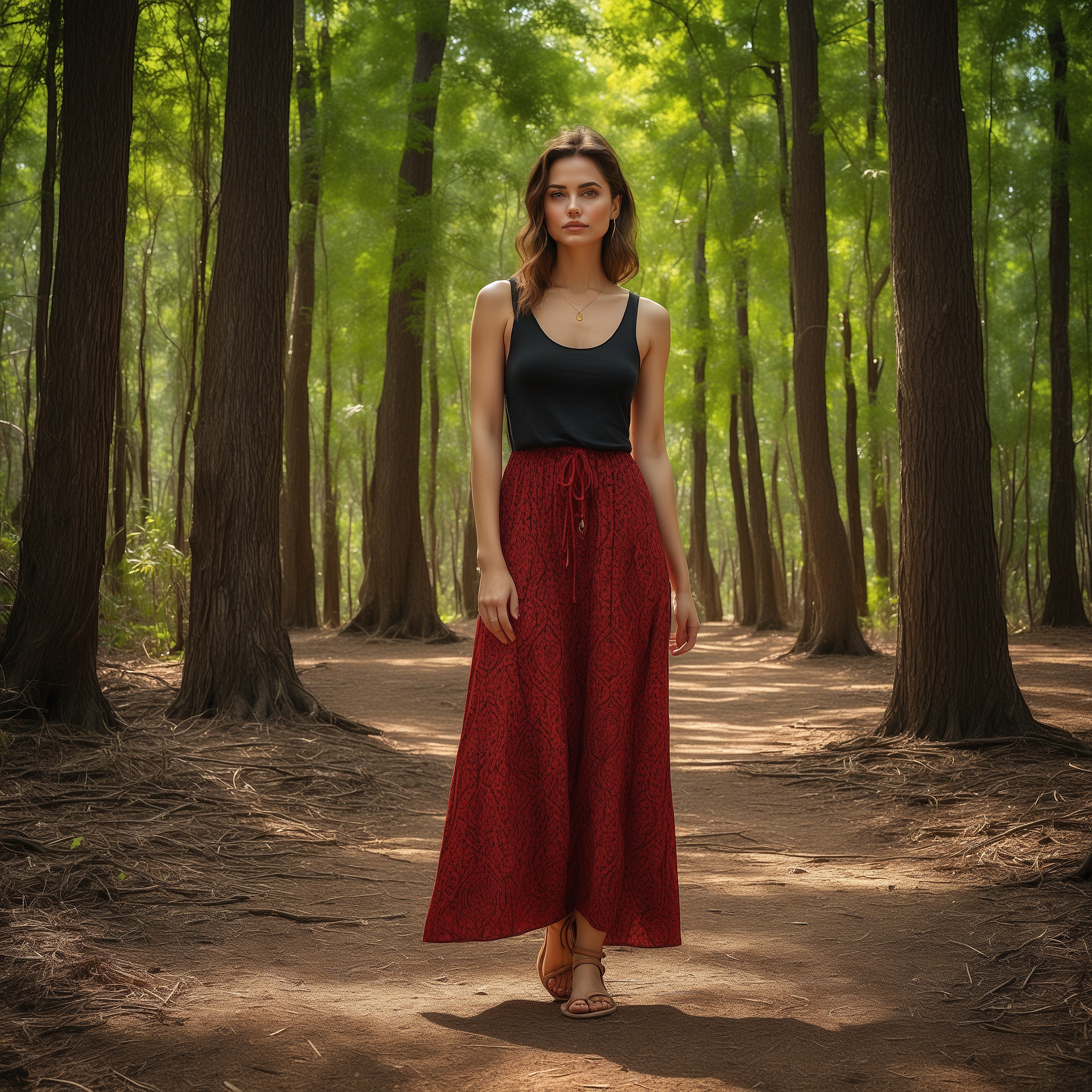 Black Sleevless Top With Red Maxi Skirt With Black Geometric Patterns