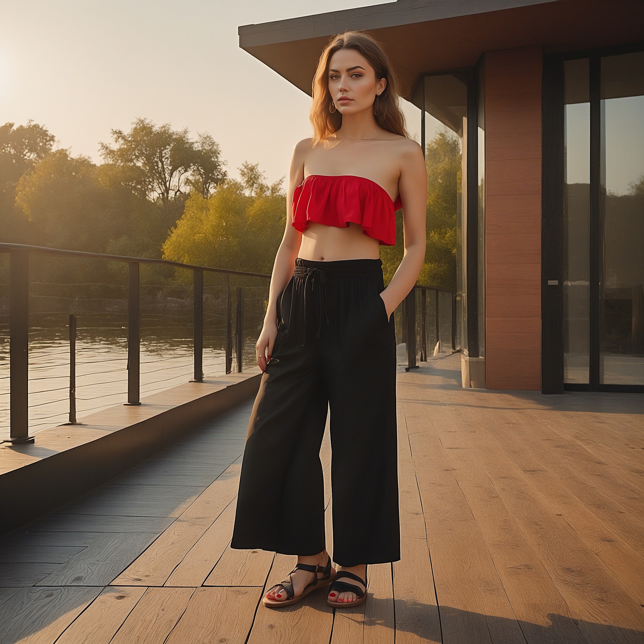 Red Bandeau Top With Black Palazzo Pants