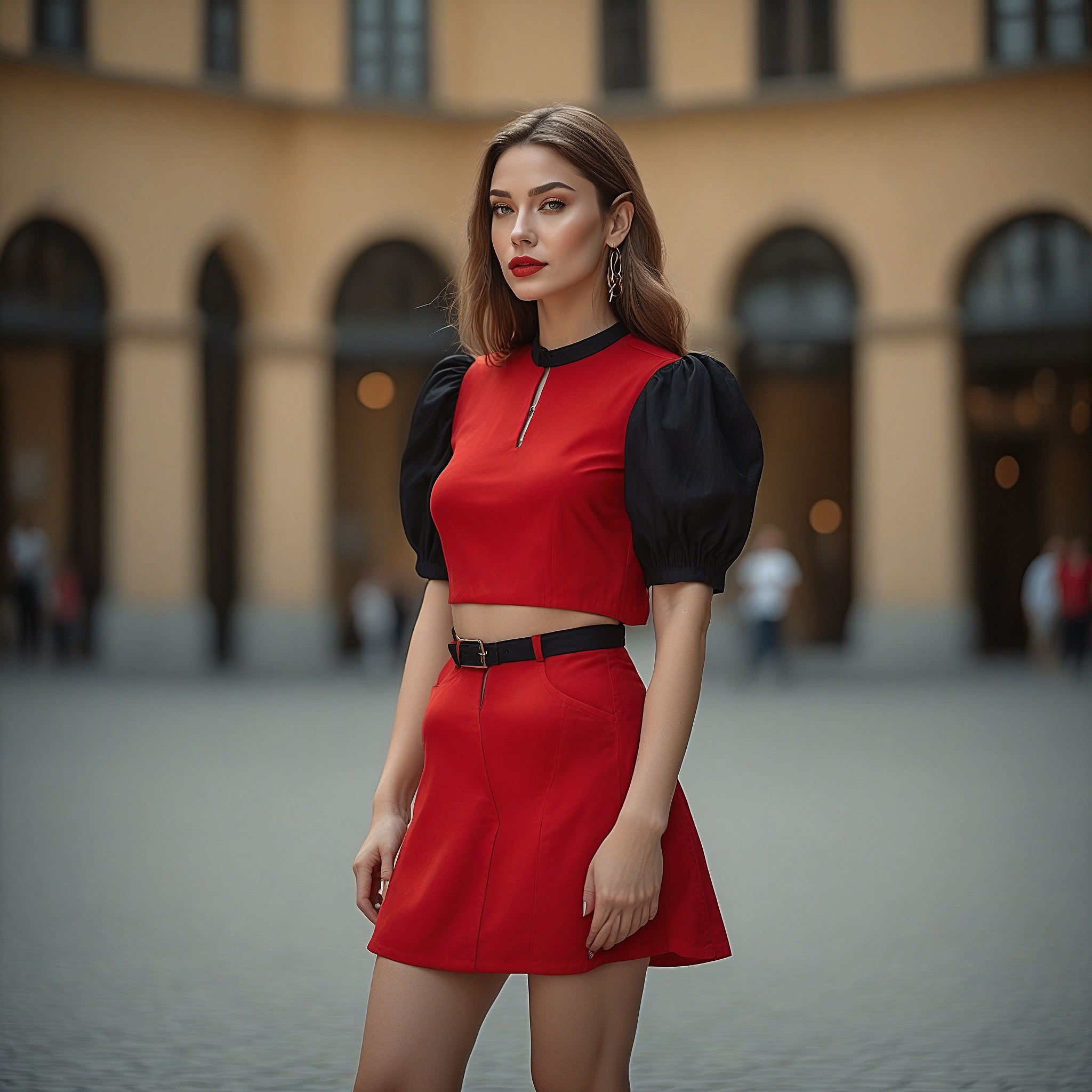 Red Cropped Blouse With Black Puff Sleeves And Red Mini Skirt