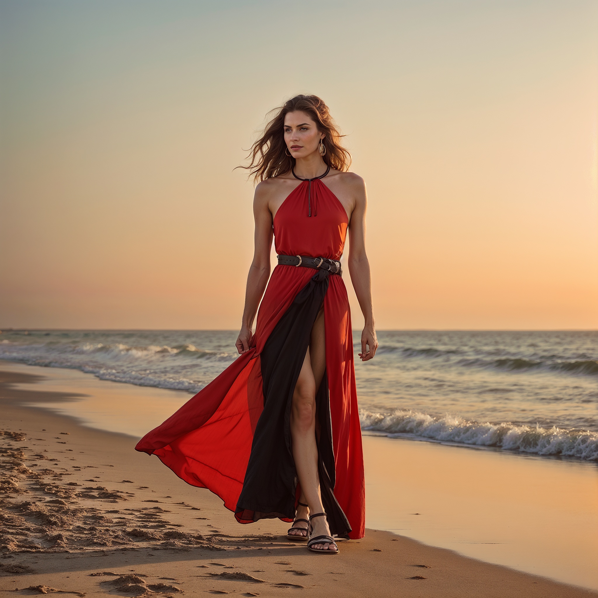 Red Halter Neck Maxi Dress With Black Bellt And Accents