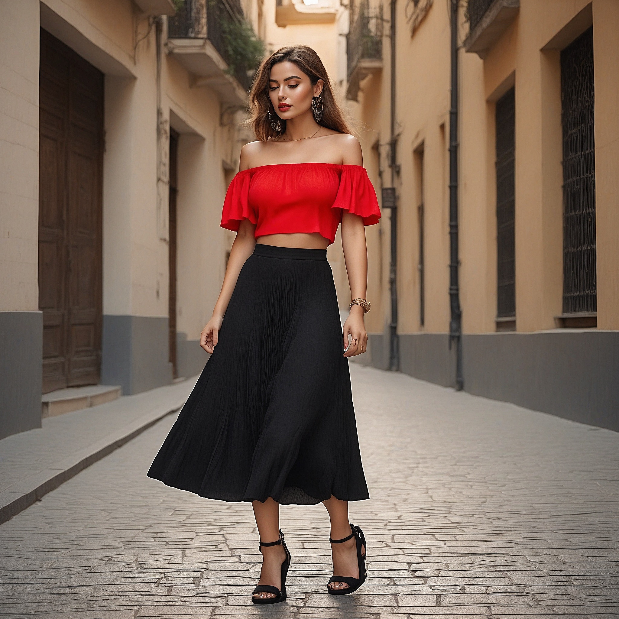 Red Off-Shoulder Crop Top And Black Pleated Midi Skirt