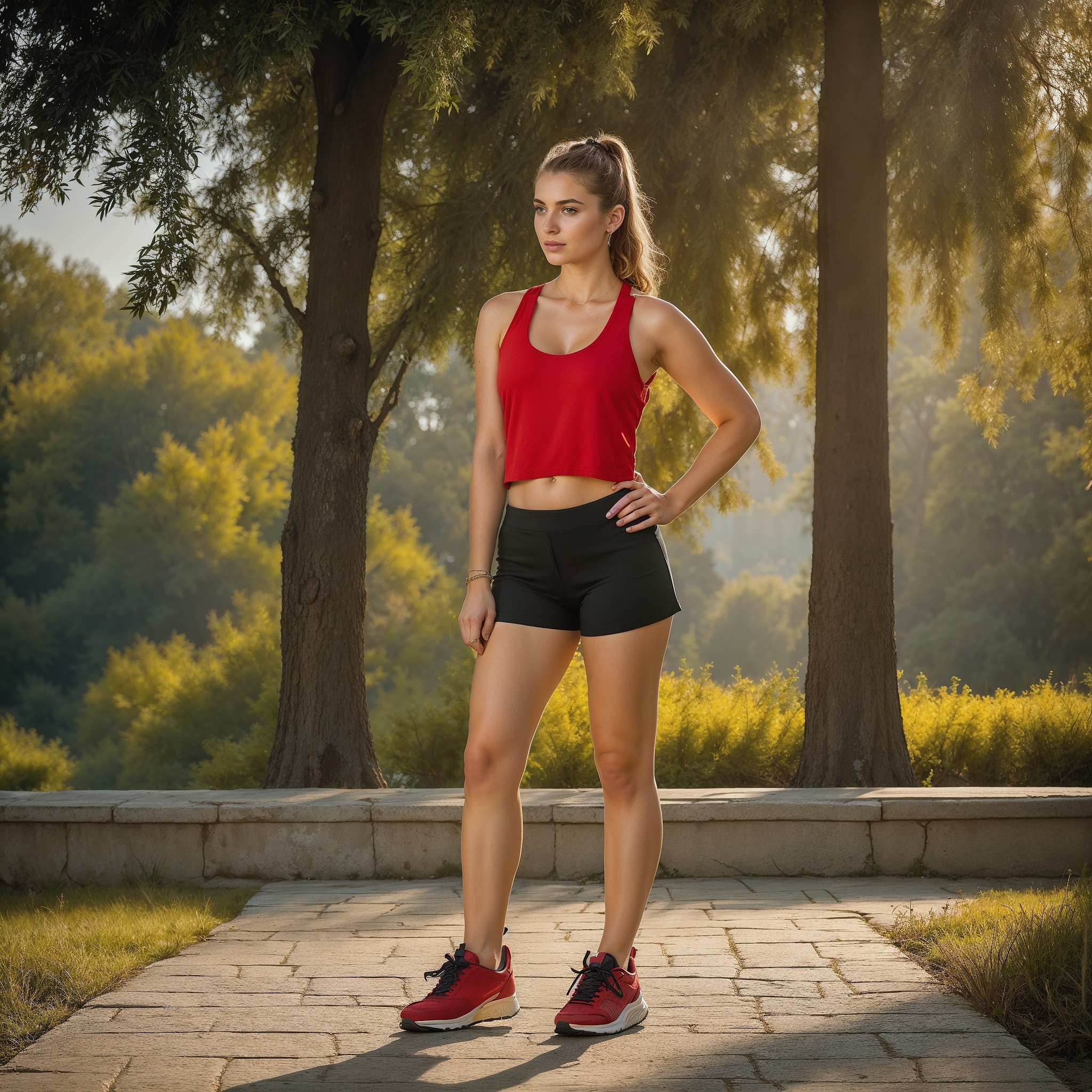 Red Racerback Tank Top And Black High-waisted Shorts