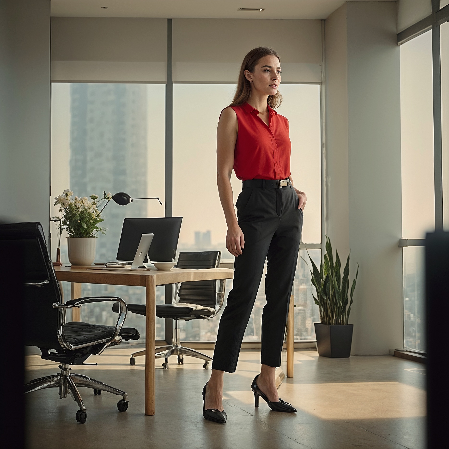 Red Sleevles Blouse And High Waisted Trousers