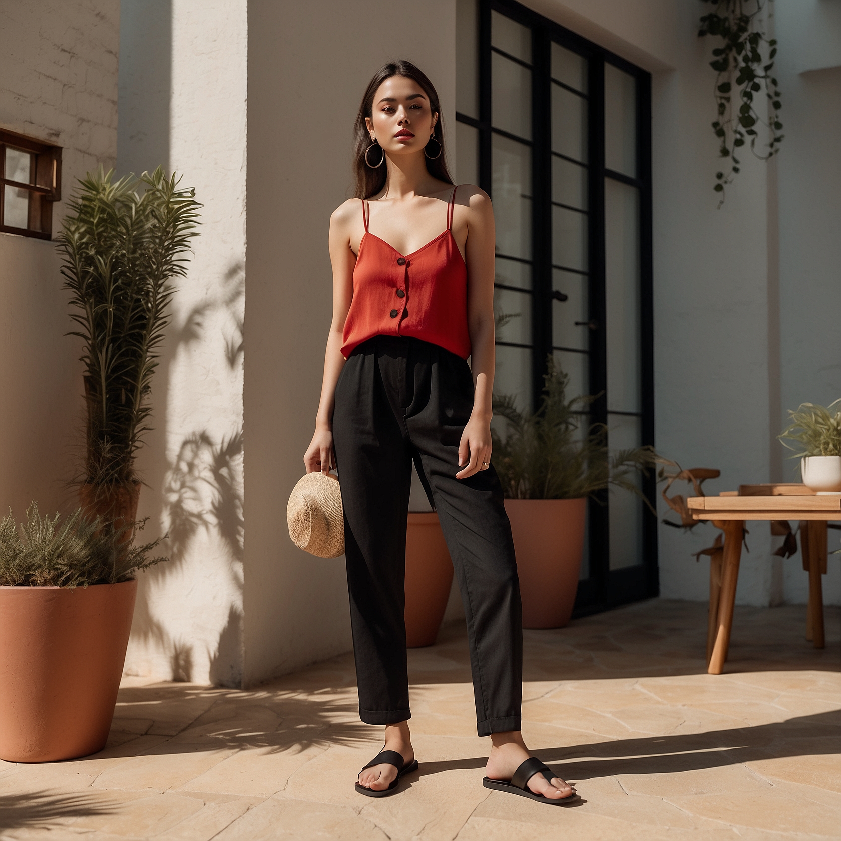 Red Spaghetti Strap Camisole And Black High Waisted Linen Pants