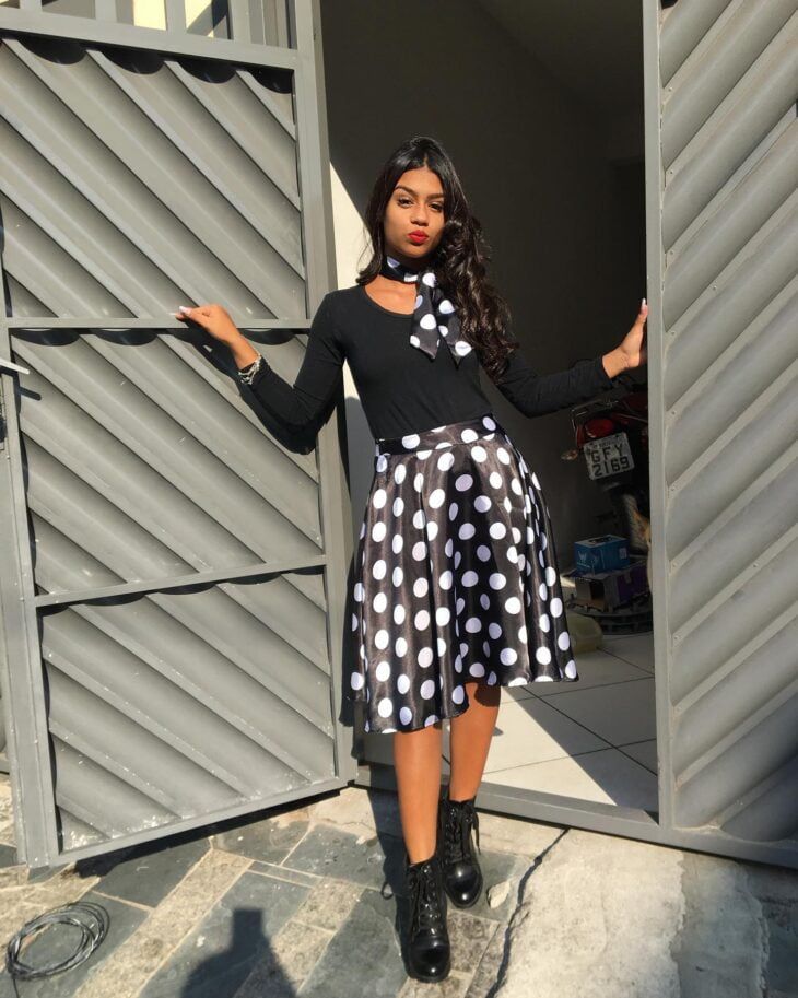 Black And White Polkadot Skirt And Neck Scarf And Black Blouse