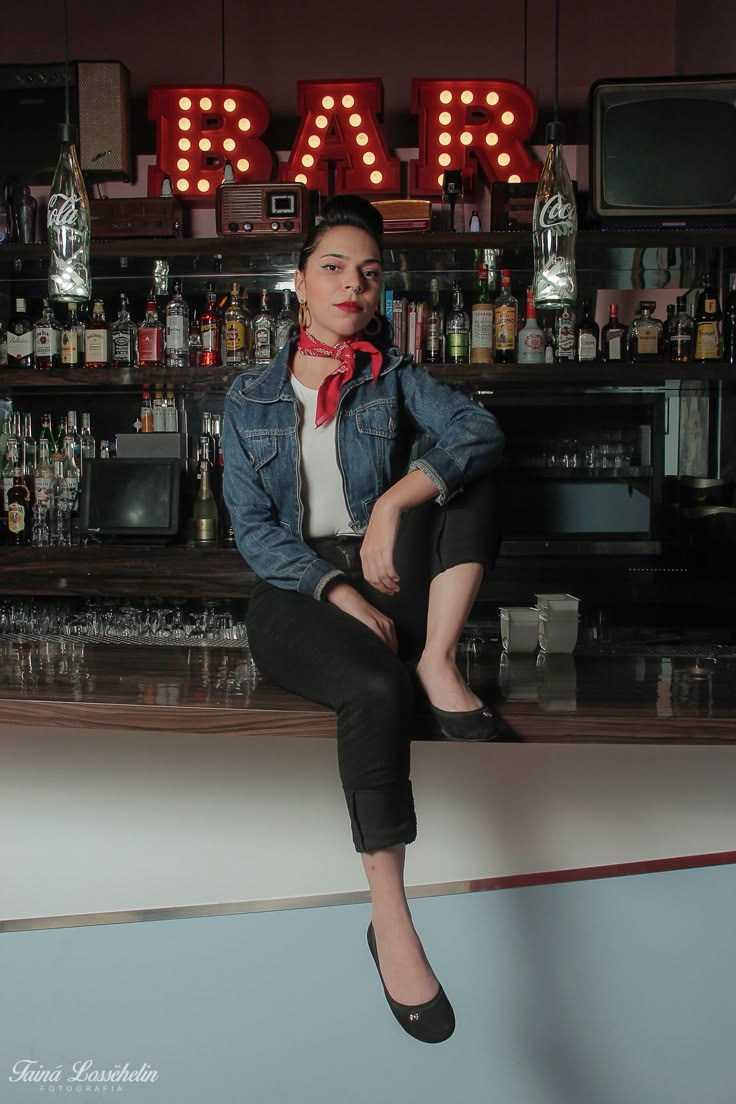 Cigarette Pants, White Top, Denim Jacket And Neck Scarf