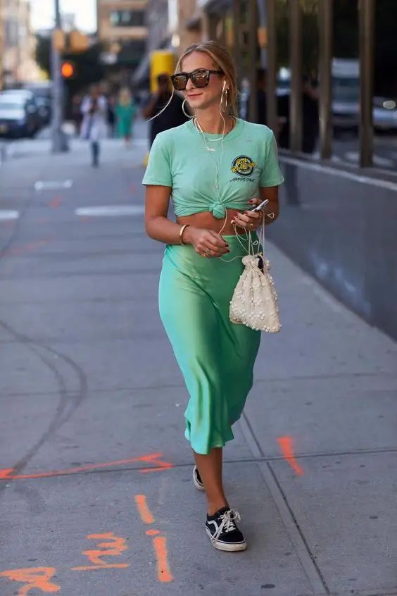 Green Tee And Silk Skirt