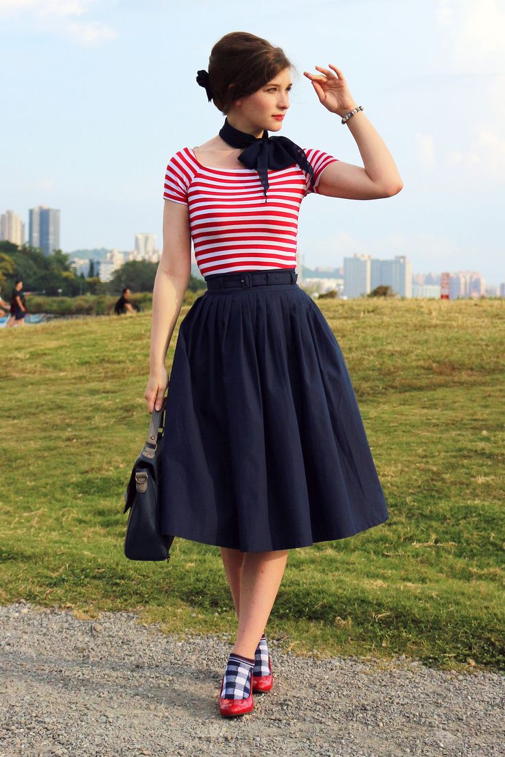 Navy Skirt, Red Striped Top Snf Chiffm Scarf