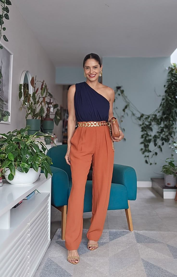 One-Sleeve Sleevless Blouse And Orange Pants