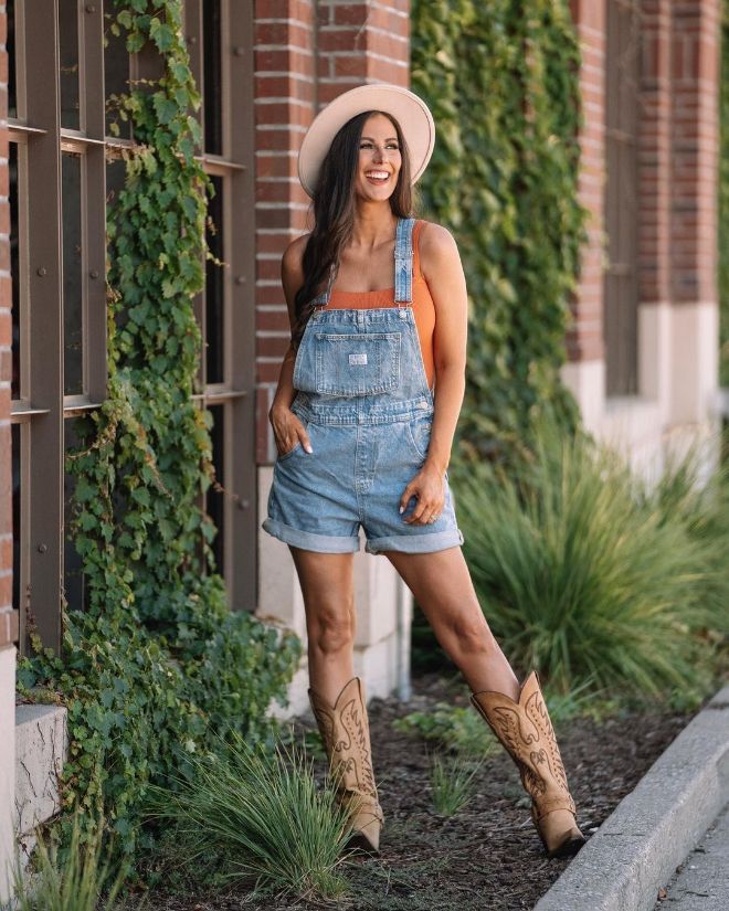 Overall Denim Shorts And Spaghettistrap Top