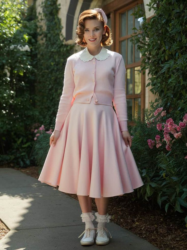 Pink Circle Skirt and PInk Lace Collared Cardigan