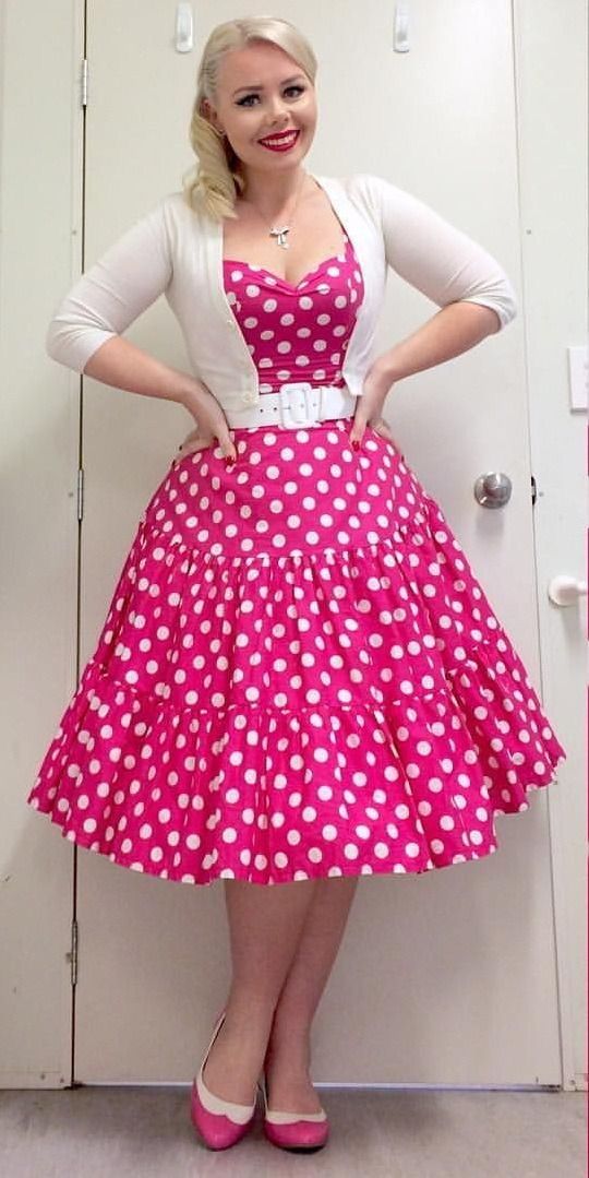 Pink Polkadot Heart Necklin Circle Dress And White Cardigan