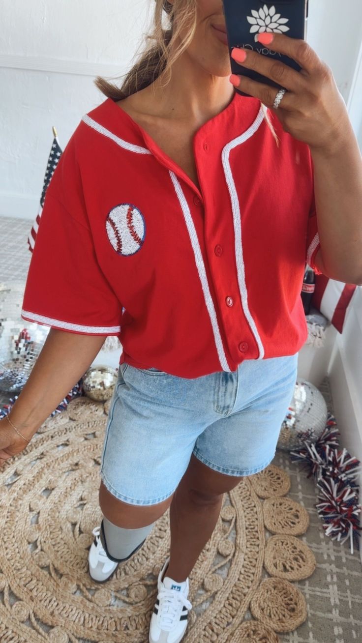 Red Baseball Tee And Denim Shorts