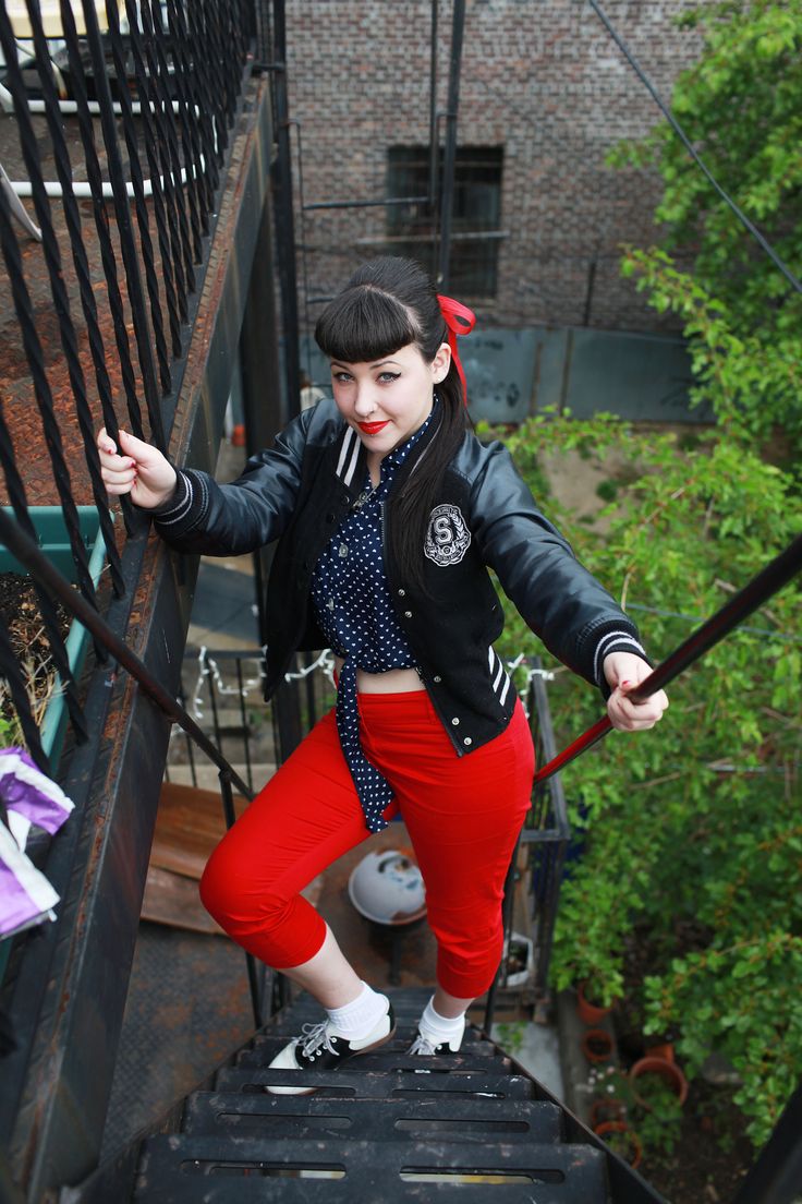 Red Capri, PolkaDot Tied Shirt And Leather Jacket