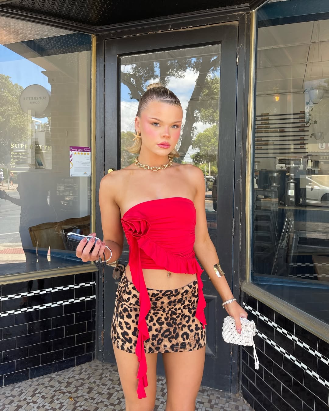 Red Tube Top And Animal Print Mini Skirt