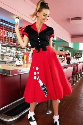 RedCoca Cola Circle Skirt With Black Crop Shirt With Red Collar