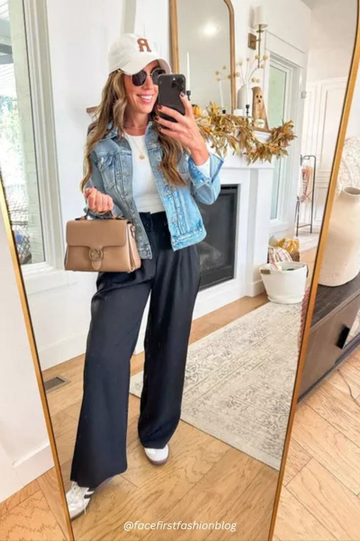 Wide Legged Pants, White Top And Jeans Jacket