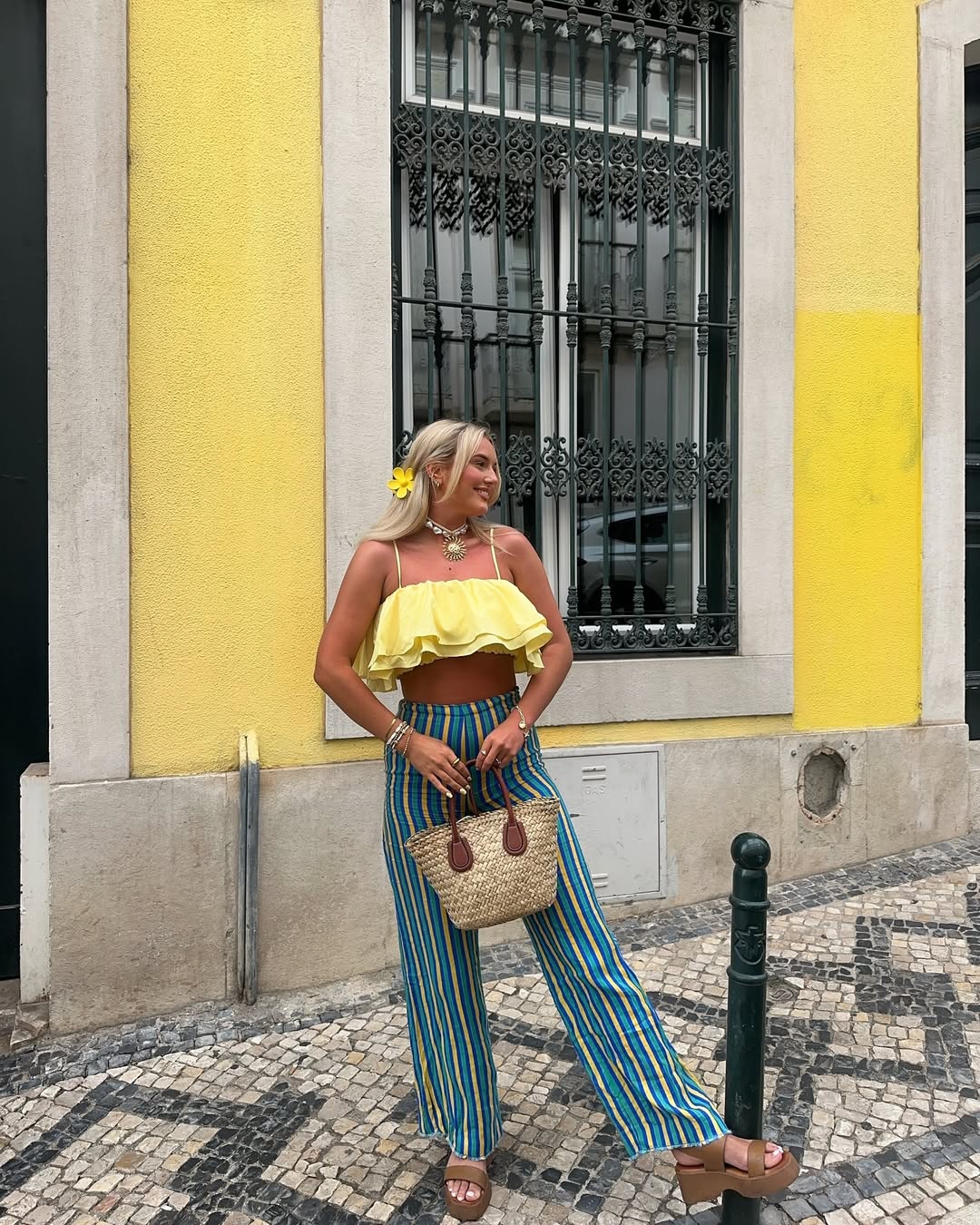 Yellow Frilly Spaghetti Strap Top And Blue Striped Pants