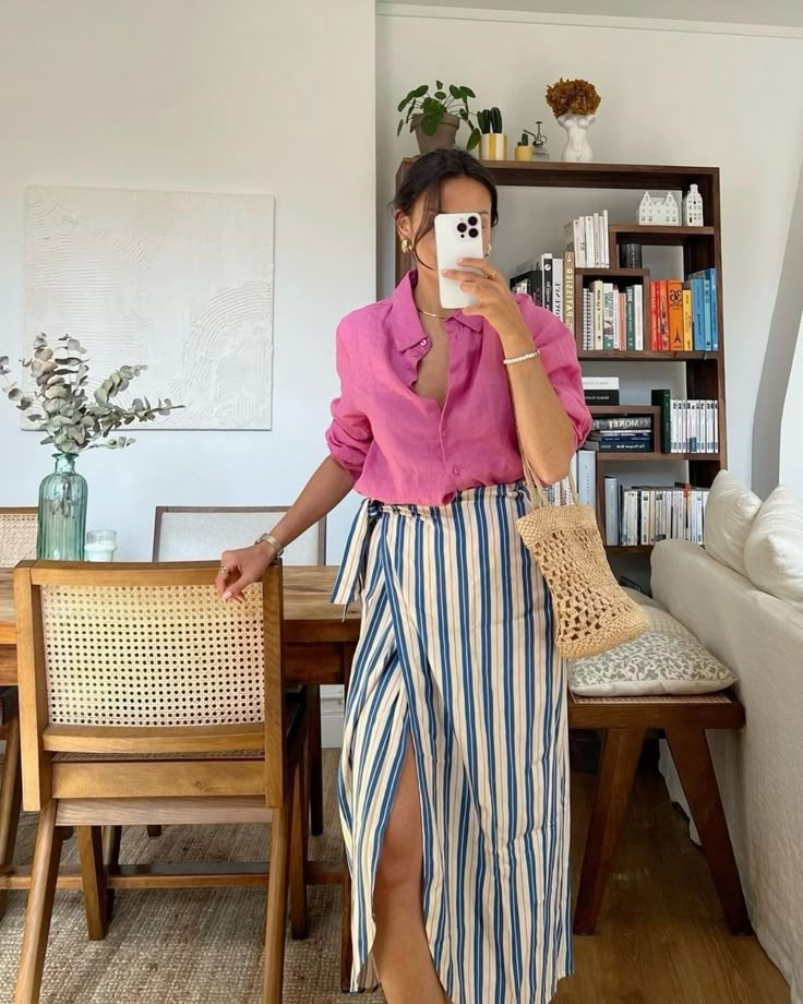 pink Blouse and Stripped Maxi Dress